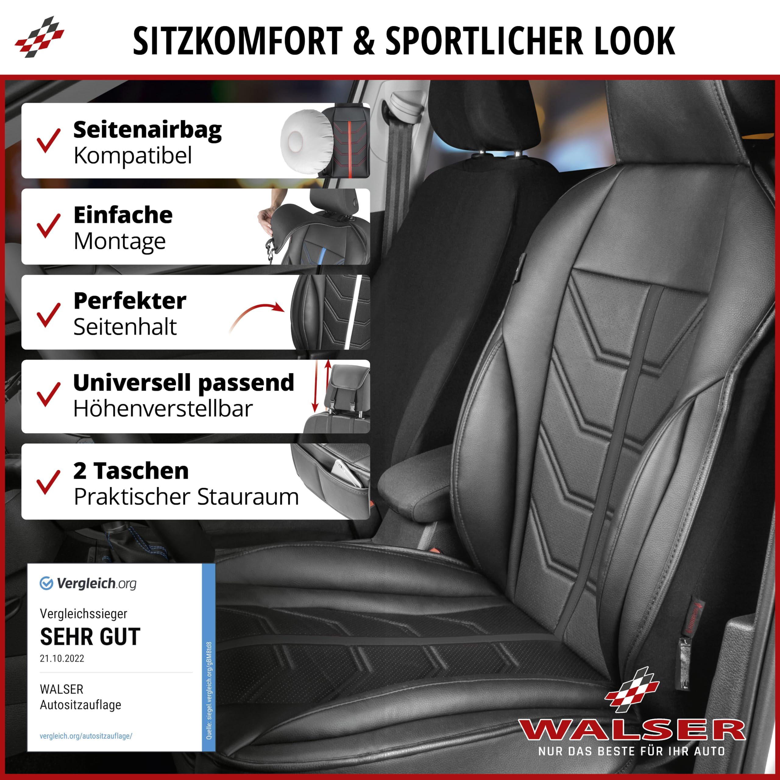 Walser Premium Sitzauflage Auto Kimi, Sitzschoner schwarz, Vergleichssieger* Auto Sitzauflagen, Sitzbezug Vordersitze, Schonbezug Autositz, Autositzauflage Vordersitze PKW/LKW