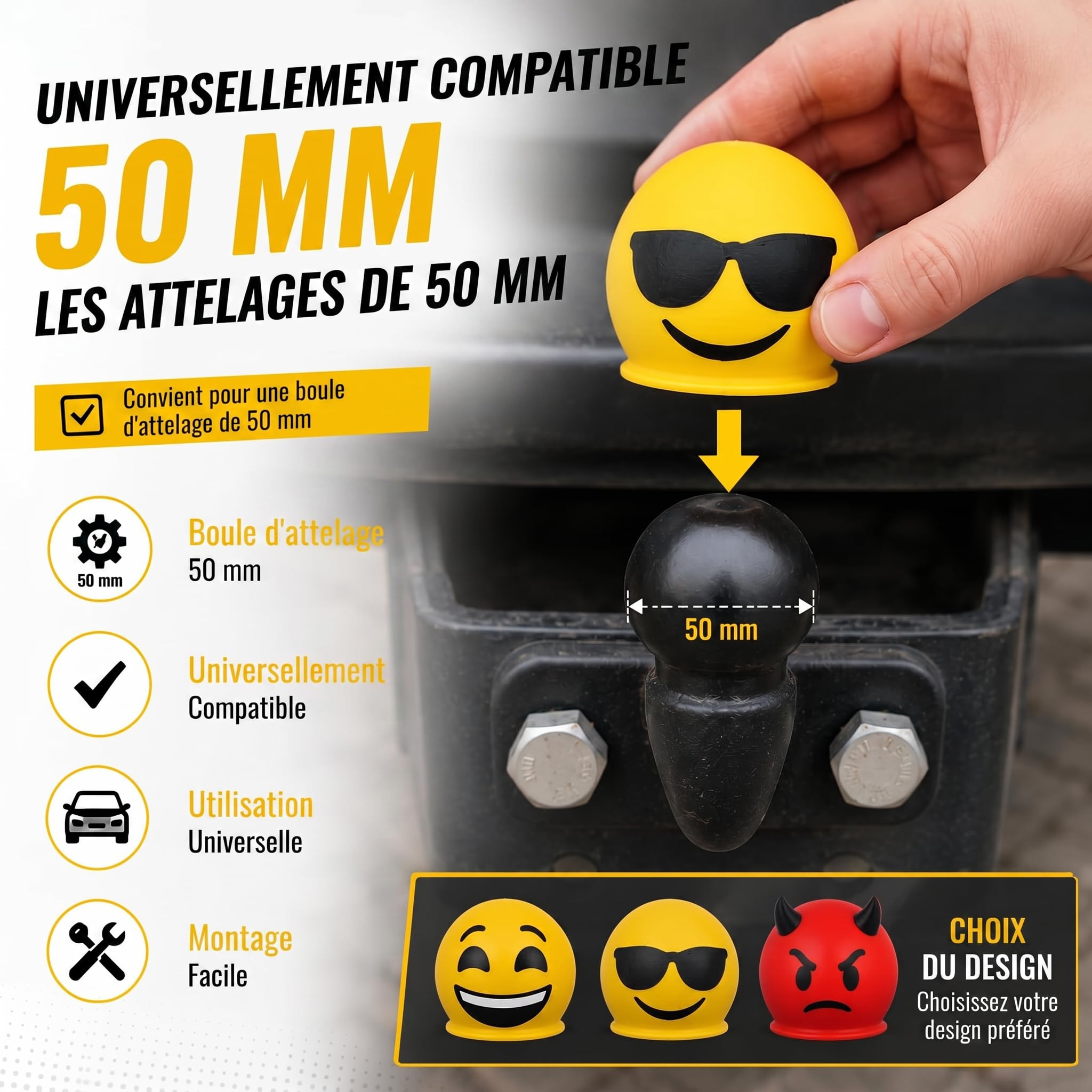 Couvercle d'attelage Smiley 50 mm - Capuchon de protection universel pour voiture, SUV, remorque