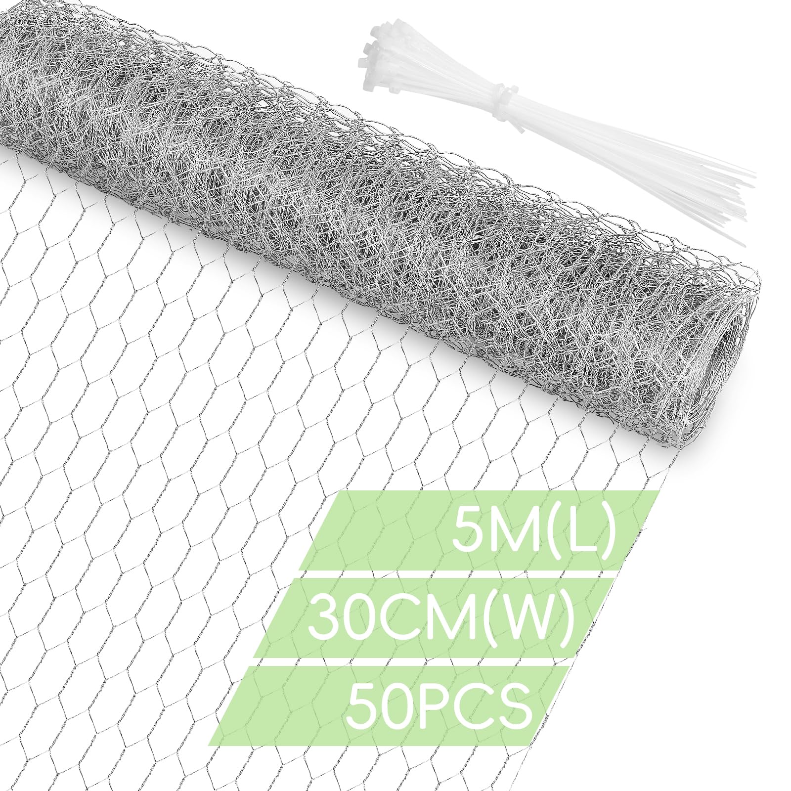 Flintronic Malla Hexagonal Galvanizada para Cercados, 43 cm (H) x 10 m (L) Red Alambre Hexagonal, Tamaño de Malla 25mm, con 50 Bridas, Plata, Ideal para Jardín y Protección de Animales — view 9
