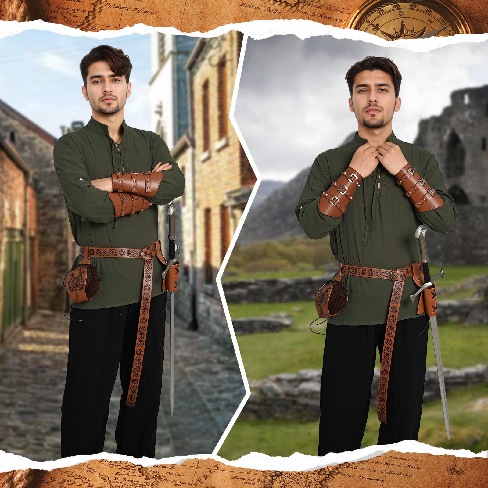 Costume da uomo medievale rinascimentale, costume vichingo, camicia con lacci, pantaloni da uomo con accessori, costume di Halloween per cosplay, maschera, mago