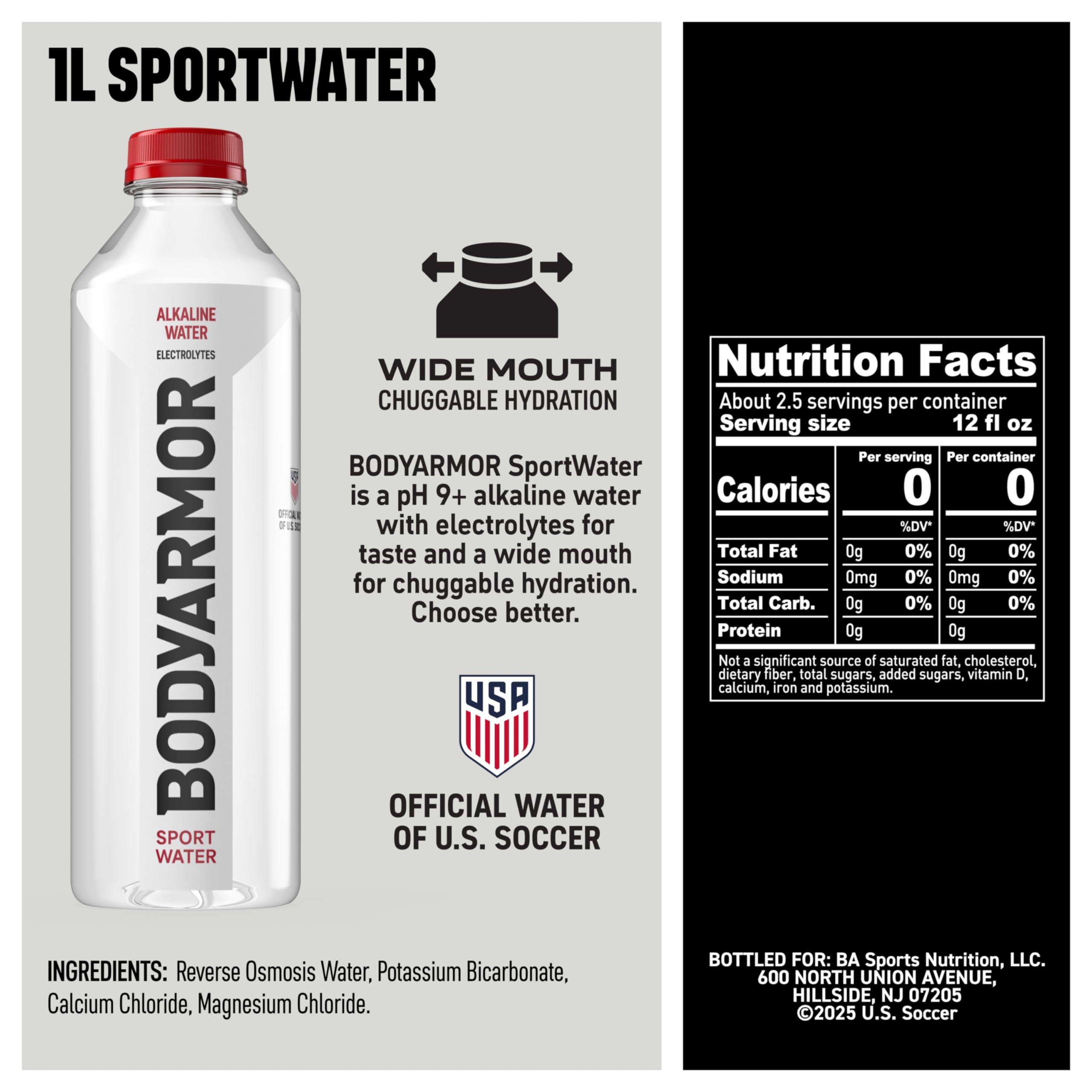 BODYARMOR SportWater Alkaline Water, High Alkaline Bottled Water, pH 9+, 1 Liter (6 Pack), Refreshing Electrolyte Water Pack, Wide Mouth Bottle