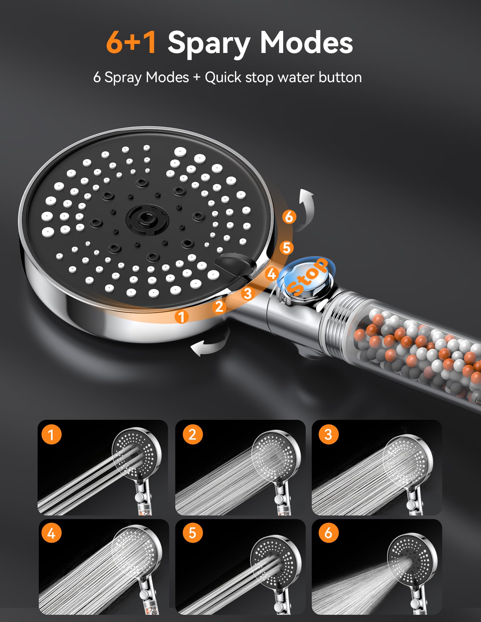 VOXON Shower Head and Hose 1.5M, Triple Filtration, High Pressure 6 Modes with One-Touch Switch - Image 2