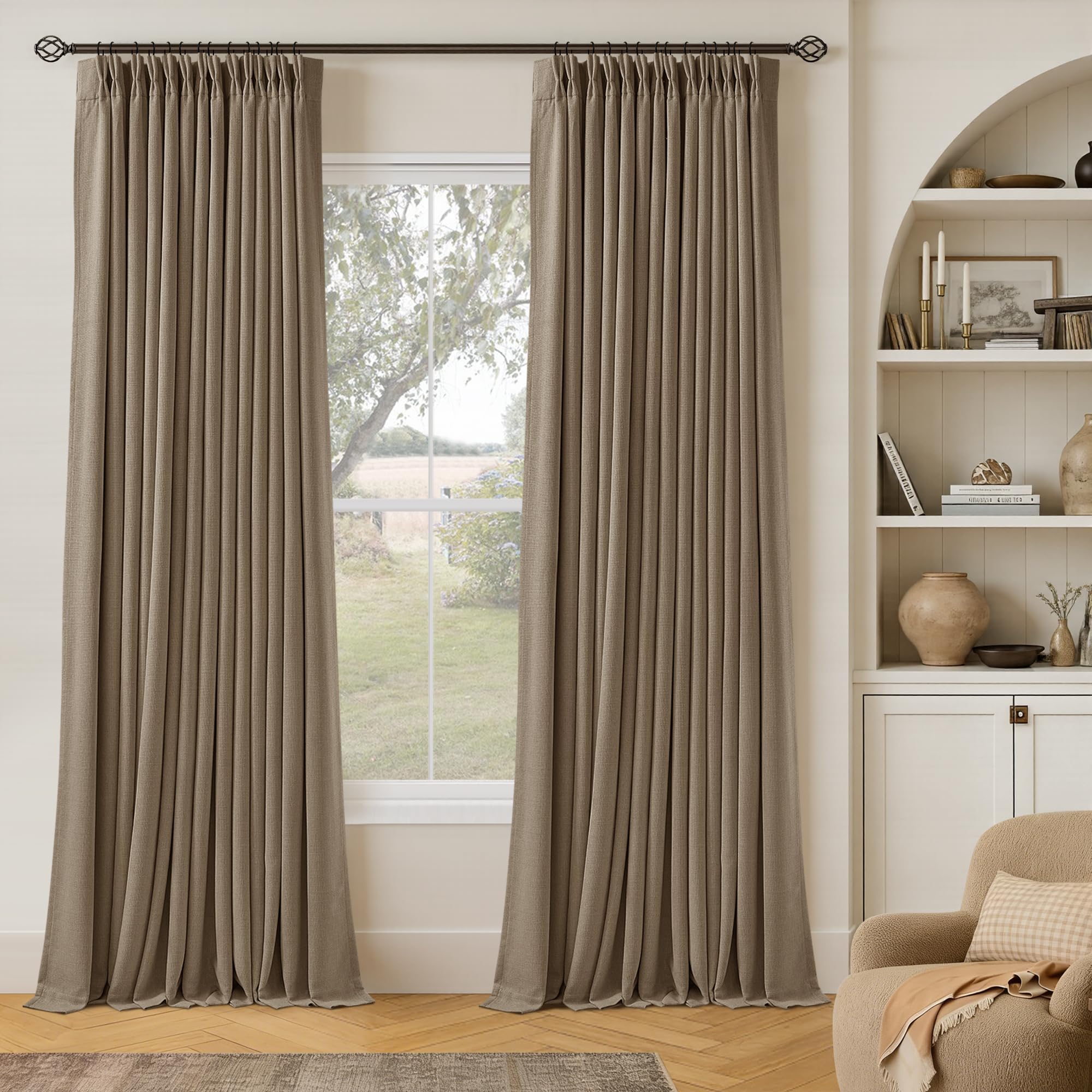 105 Inch Pinch Pleated Blackout Linen Curtains for Bedroom 2 Panels Memory Trained 100% Black Out Soundproof Room Darkening Latte Window Curtains Double Layer Pinch Pleat Drapes