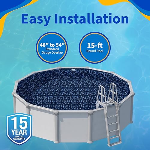 Miniatura 3 de Blue Wave Evening Bay - Revestimiento redondo superpuesto de 15 pies para piscinas de pared de acero sobre el suelo, vinilo de calibre estándar