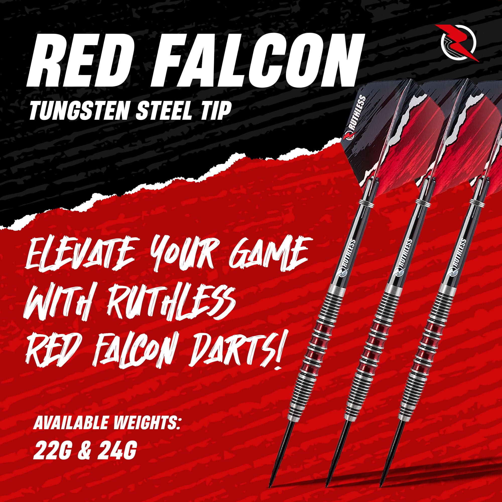 RUTHLESS Red Falcon Jeu de fléchettes professionnelles en tungstène avec ailettes et tiges 22 g et 24 g