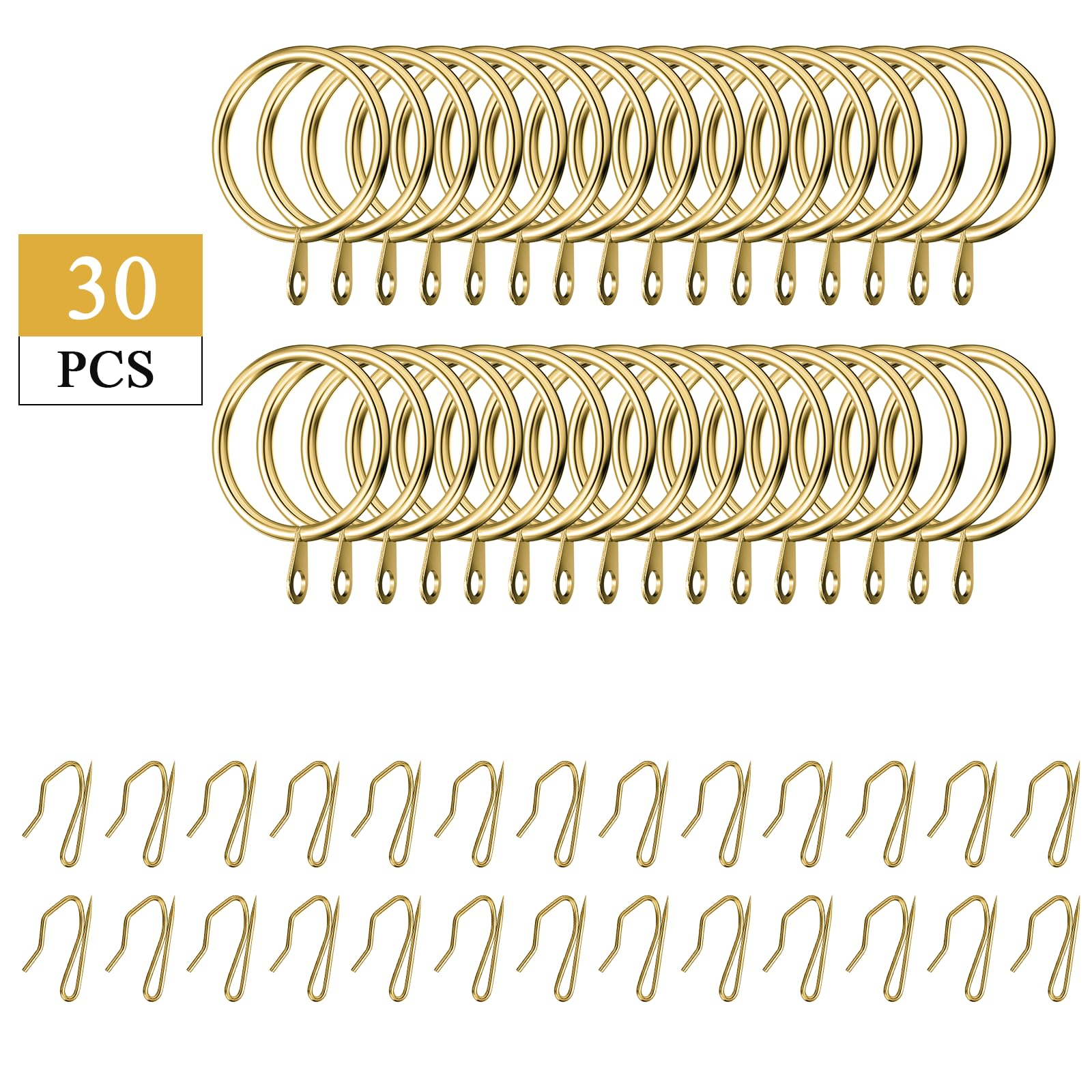 Hotop Lot de 60 anneaux de rideau en métal et 60 crochets en métal pour fenêtre, porte de douche, rideau de douche (doré, 4,1 cm)