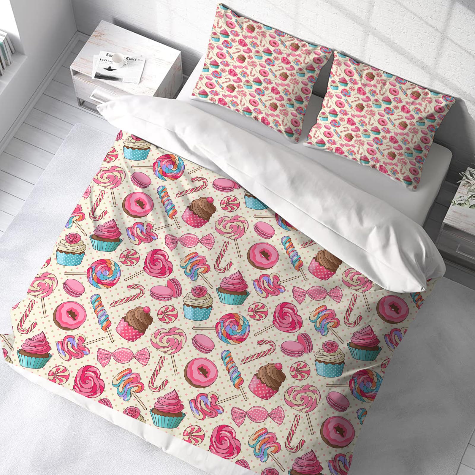 Ropa de Cama. Cubierta de Gran Comodidad,Hecha de algodón 100% Suave y Delicado,Muy amigable con la Piel,Bastón de Caramelo, Delicioso Caramelo Dulce Tipo piruleta, macarrón, cupca,228x264cm
