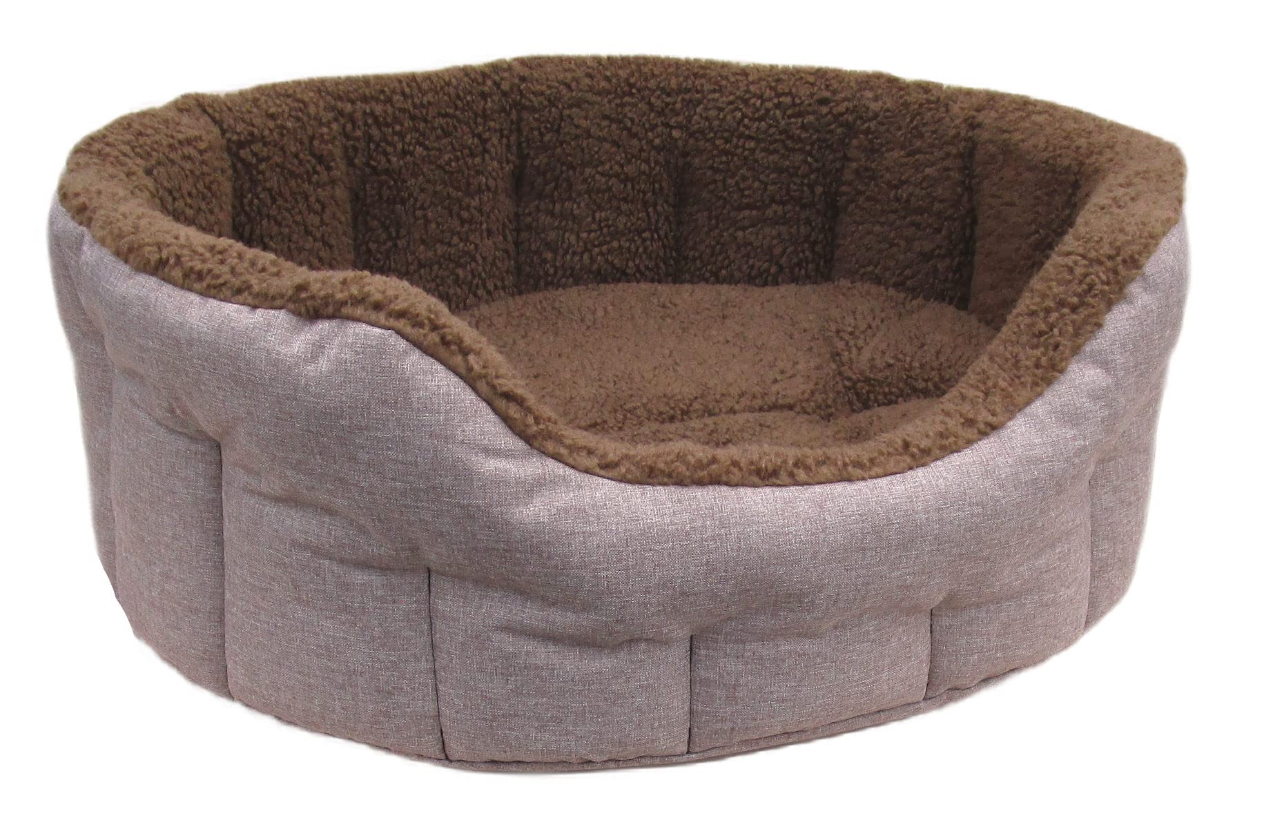 P&L Premium Oval Drop Fronted Bolster Style Heavy Duty Fleece Lined Softee Dog Bed Colour Light Brown/Mushroom Size Jumbo Internal L90cm X W74cm X H25cm / Base Cushion 8cm thickness