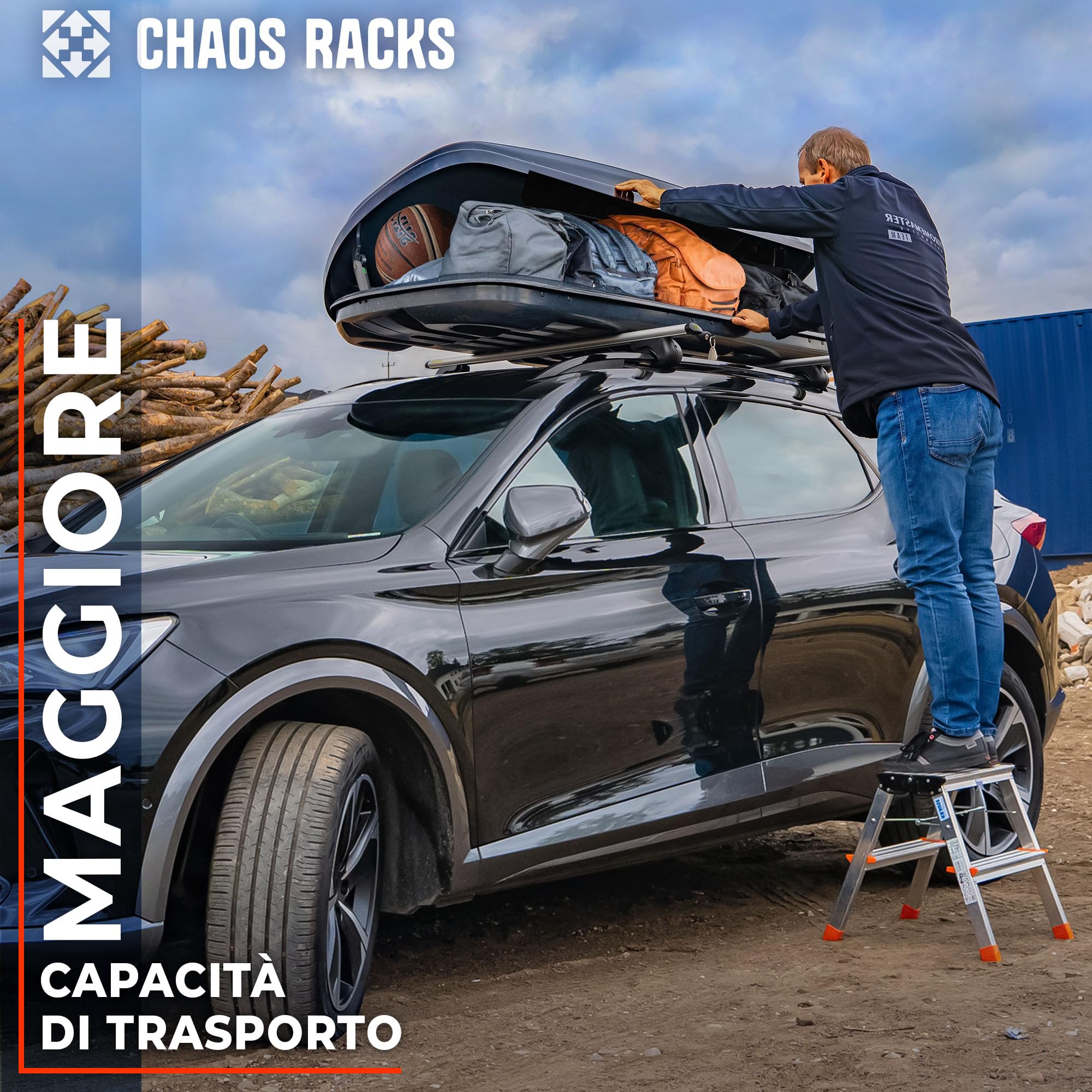 CHAOS RACKS | Universale Portapacchi da Tetto per Barre Longitudinali Aperte; Barre Portatutto | Trasporta in Sicurezza Box da Tetto, Portabici | Struttura Leggera e Resistente in Alluminio | 120 cm