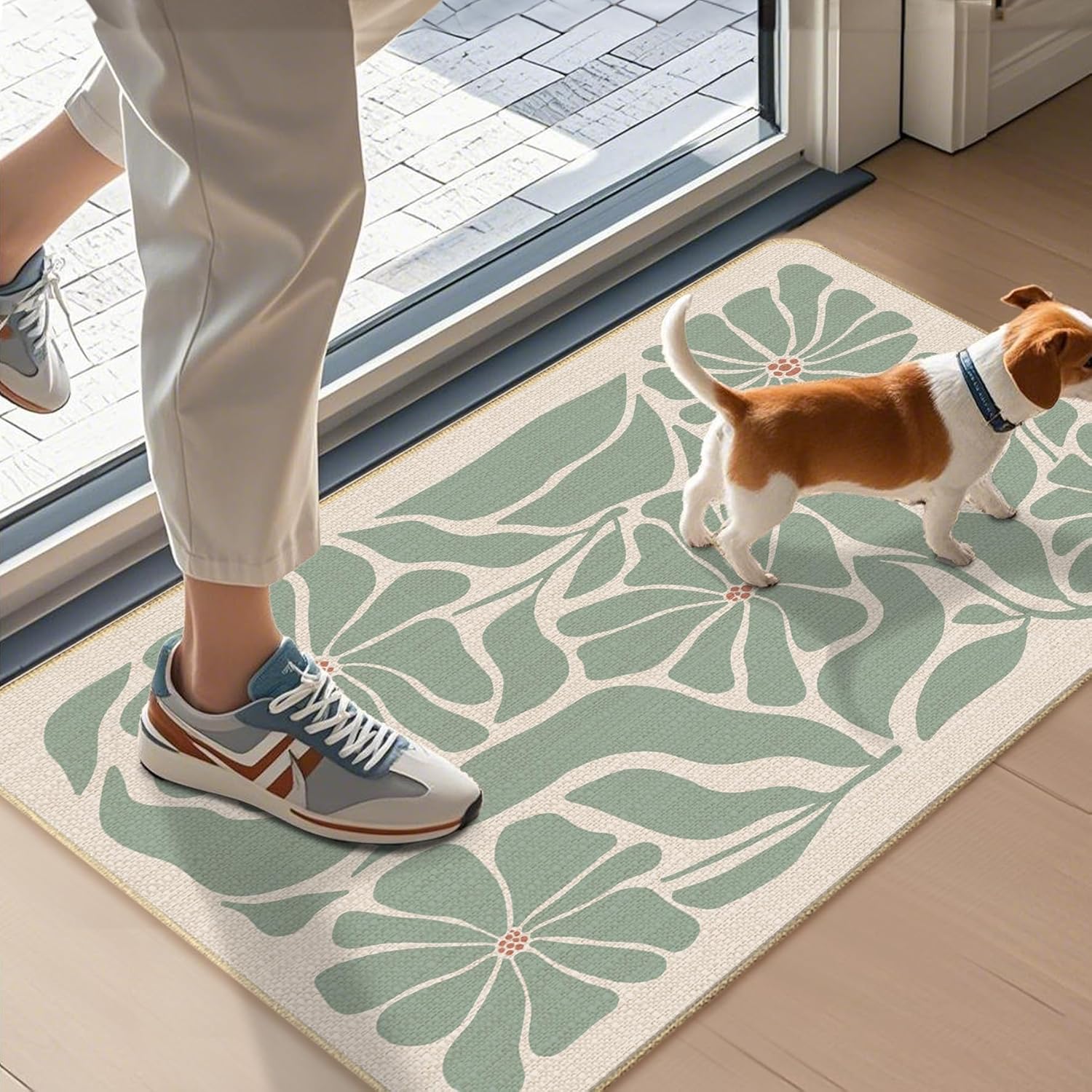 Boho Floral Door Mat, Modern Abstract Mid Century Sage Green Flower Welcome Doormat for Front Door Indoor Outdoor Entrance, Boho Floral Bath Mat for Bathroom, 17x30 Inches