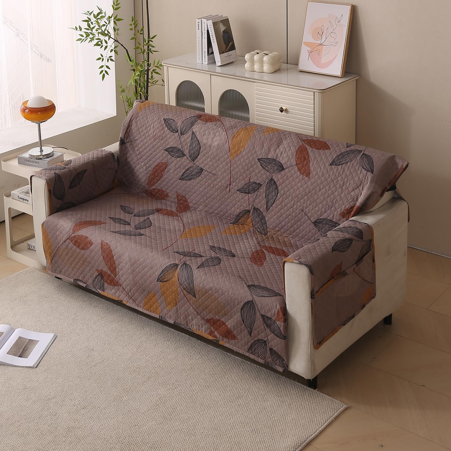 House of Quirk Polyester Sofa Cover Mat - Anti-Slip, Waterproof Couch Protector for Pets - Machine Washable Furniture Protector (Dusky Leaf, 175x170cm, Three Seater)