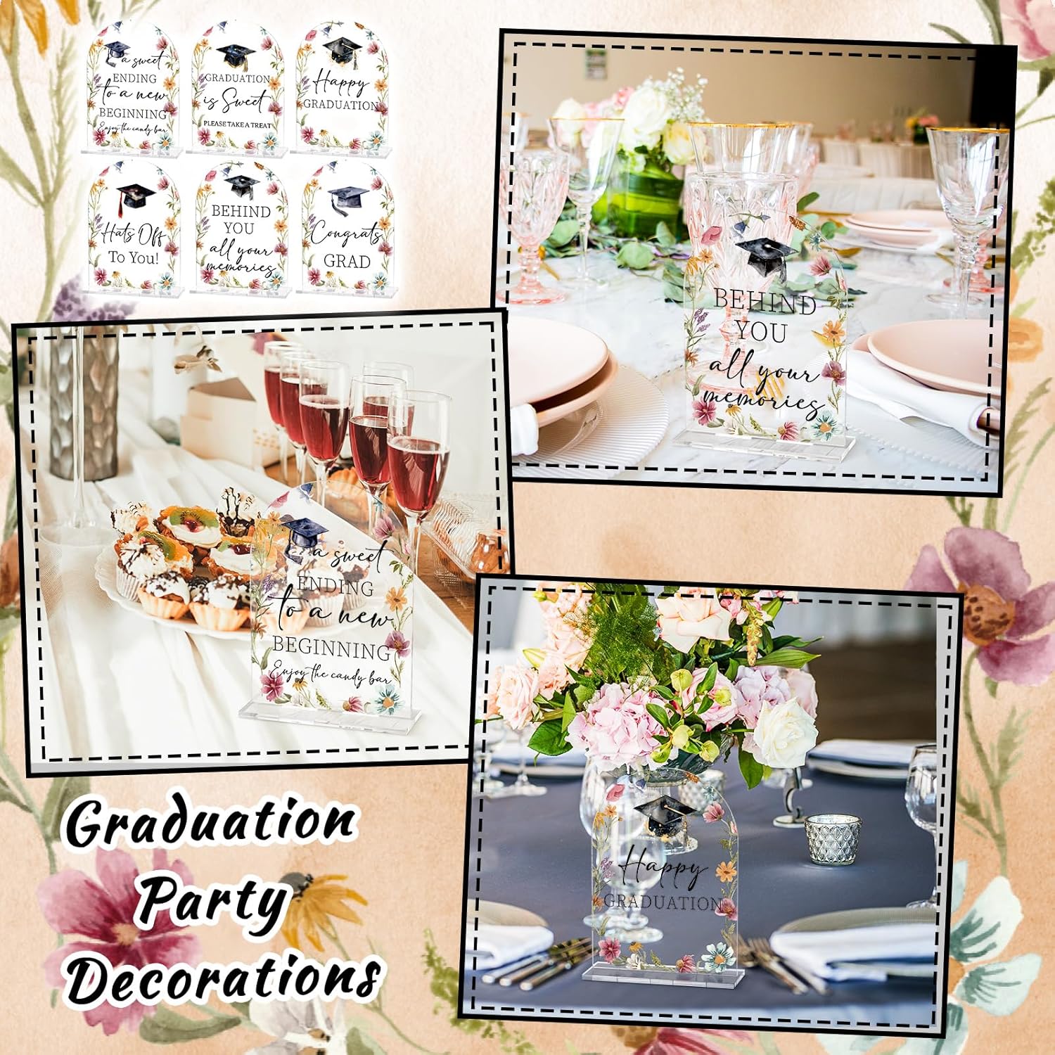 Vercraft 6 Pcs Graduation Tables Centerpieces Wildflower Candy Bar Table Decoration Please Take One Sign Congrats Acrylic Sign Centerpieces with Stand 5x7" Floral Table Display Graduation Party Decor
