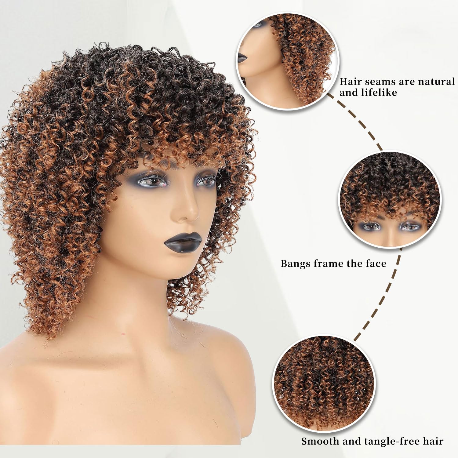 Fulang Hair Short Curly Brown Wigs for Black Women Afro Curly Wigs for Black Women Synthetic Wigs with Bangs Kinky Curly Wigs - Image 3
