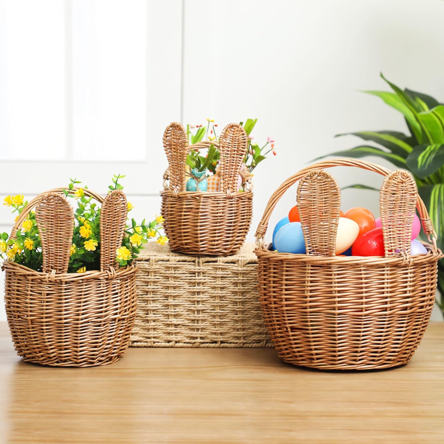 3 Pcs Large Easter Wicker Basket with Handle Bunny Easter Woven Picnic Basket 12"10.5"8.3" Rabbit Ears Rattan Wicker Woven Baskets Empty for Candy Toy Storage Egg Hunting Party Favor Gifts