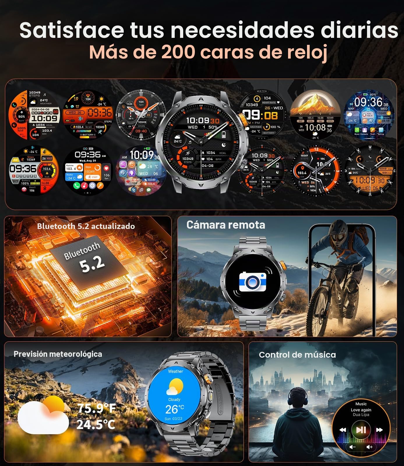 EF24 Smartwatch Hombre-Linterna LED, Batería 1000mAh Larga Duración, Pantalla HD 1,85", 100 Modos Deportivos, IP68 Impermeable, Llamadas Bluetooth, 3 Correas, Compatible Android iOS, Negro