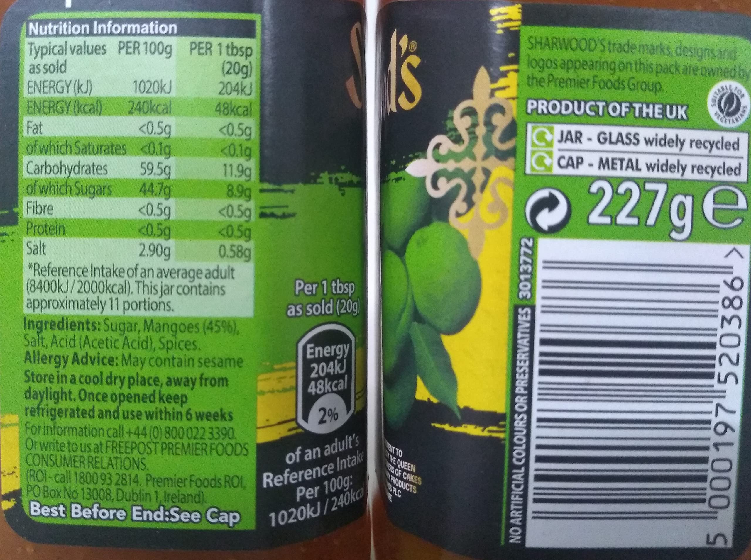 Sharwood Green Label Mango Chutney 6 x 227g