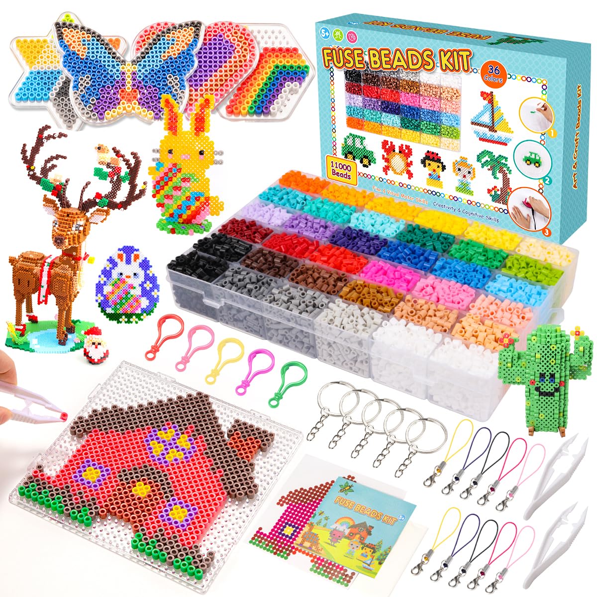 Meland Fuse Beads Kit - 11,000 pcs 36 Color Beads for Craft for Girls Age 5-12 Year Old,5MM Melty Beads Set Including 5 Pegboards, Ironing Paper & Chain Accessories Iron Beads Christmas Birthday Gift