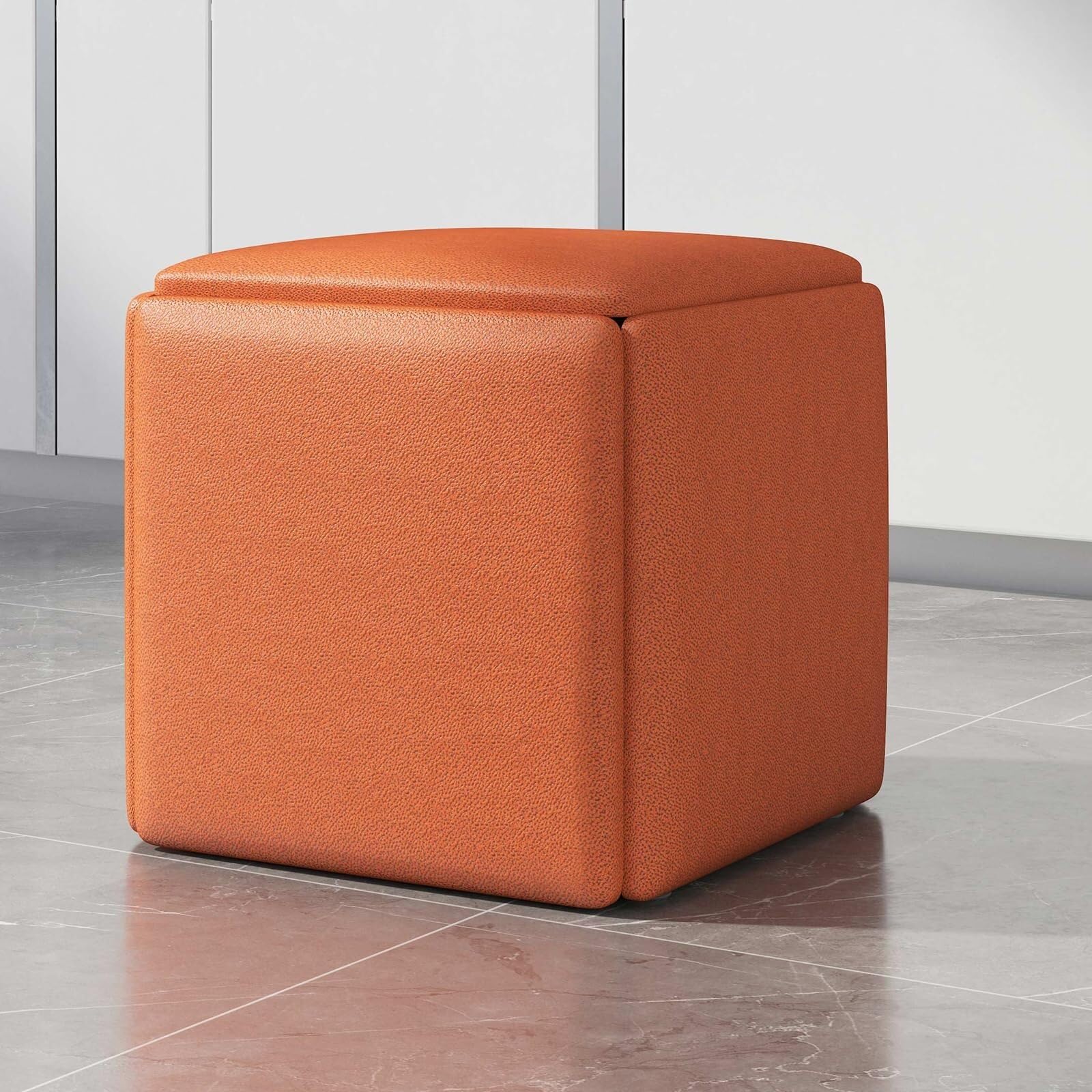 Tabouret cube gigogne 5 en 1 orange 45x45 cm avec fauteuil empilable et roulettes pour salon