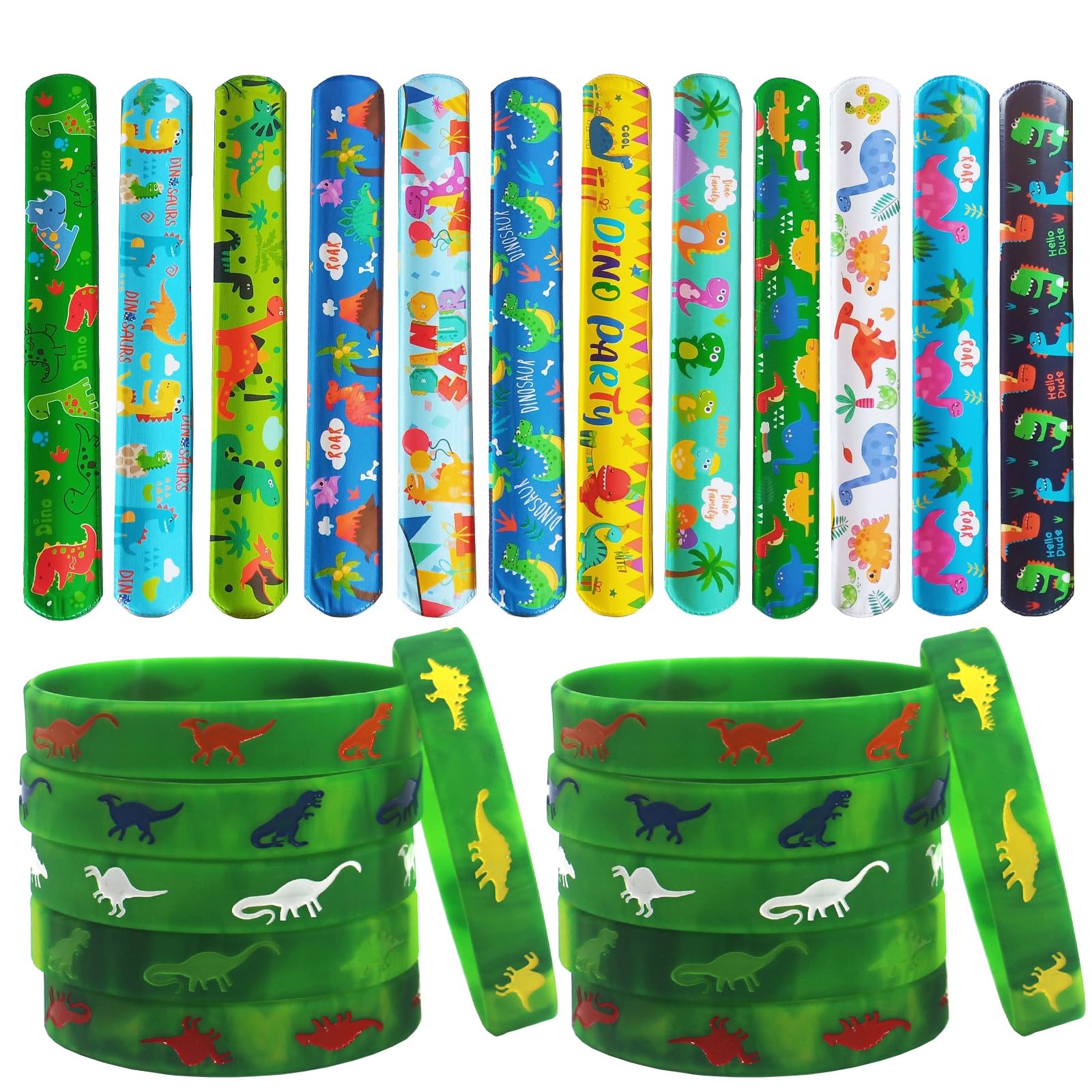 BOZILY 24pcs Dinosaur Slap Bands+Silicone Wristbands Dinosaur Slap Bracelets for Party Bags,Bracelets Bands Wristbands,Wrapping Roll Slap Bands fo Birthday Gifts Party Supplies