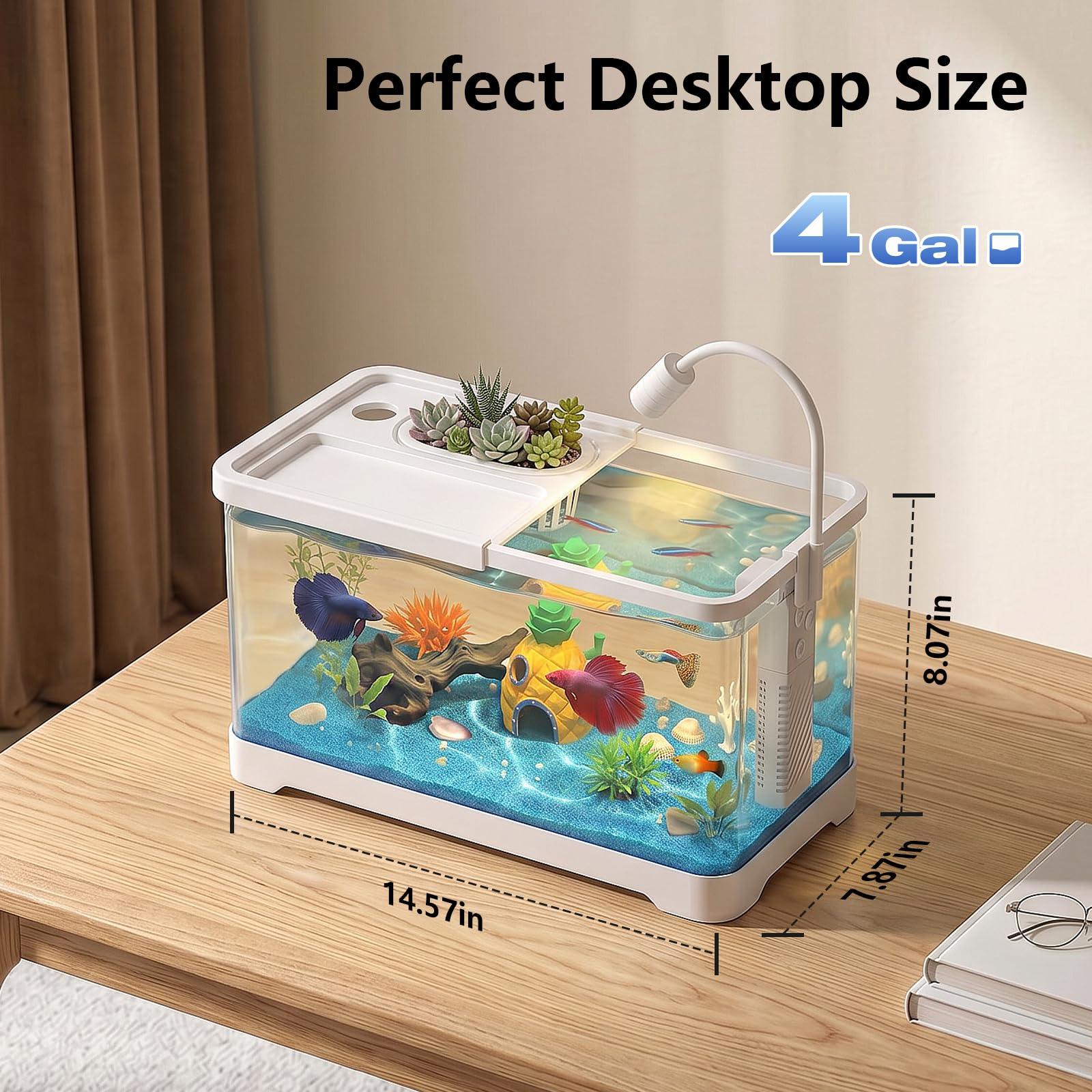 Kit de iniciación de acuario de pecera de 4 galones con filtro y luz, todo en uno, pequeño tanque de peces para Betta, niños y escritorio, nano acuario autolimpiante con tapa (blanco