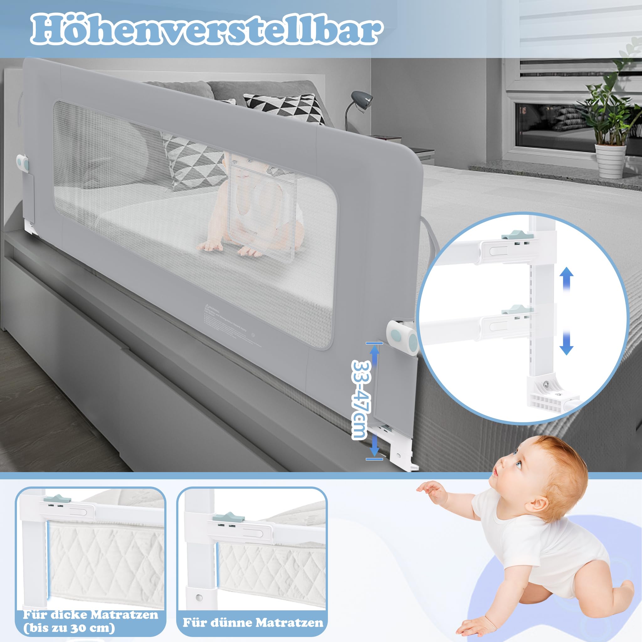 UISEBRT Griglia di protezione del letto, 200 cm, pieghevole, per bambini, protezione dalle cadute, altezza regolabile per lettino, traspirante, con custodia, colore: grigio