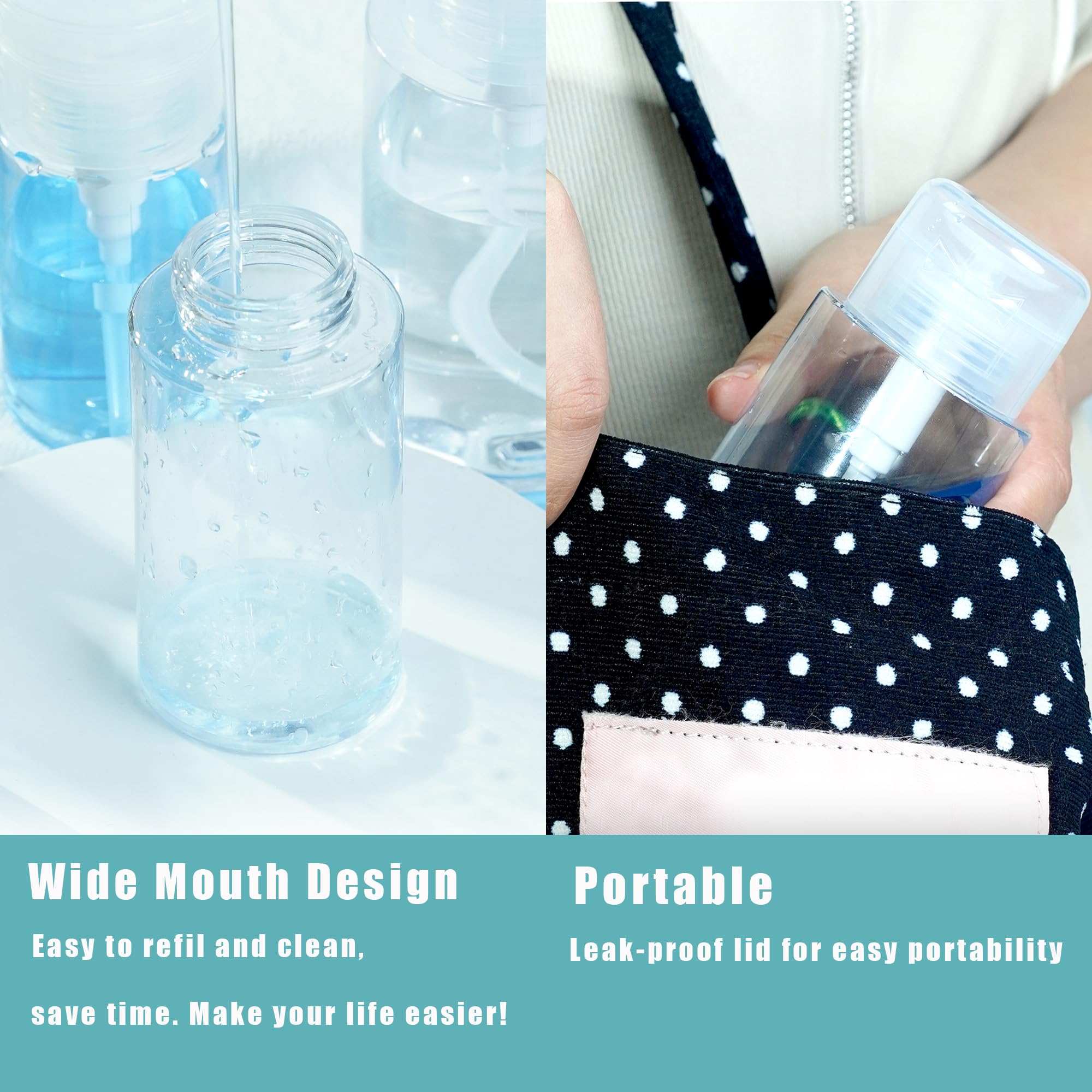 3 Pack Push Down Pump Dispenser,Clear Push Top Empty Bottles with DIY Stickers for Alcohol,Nail Polish,Makeup Remover,Toner (80ml)