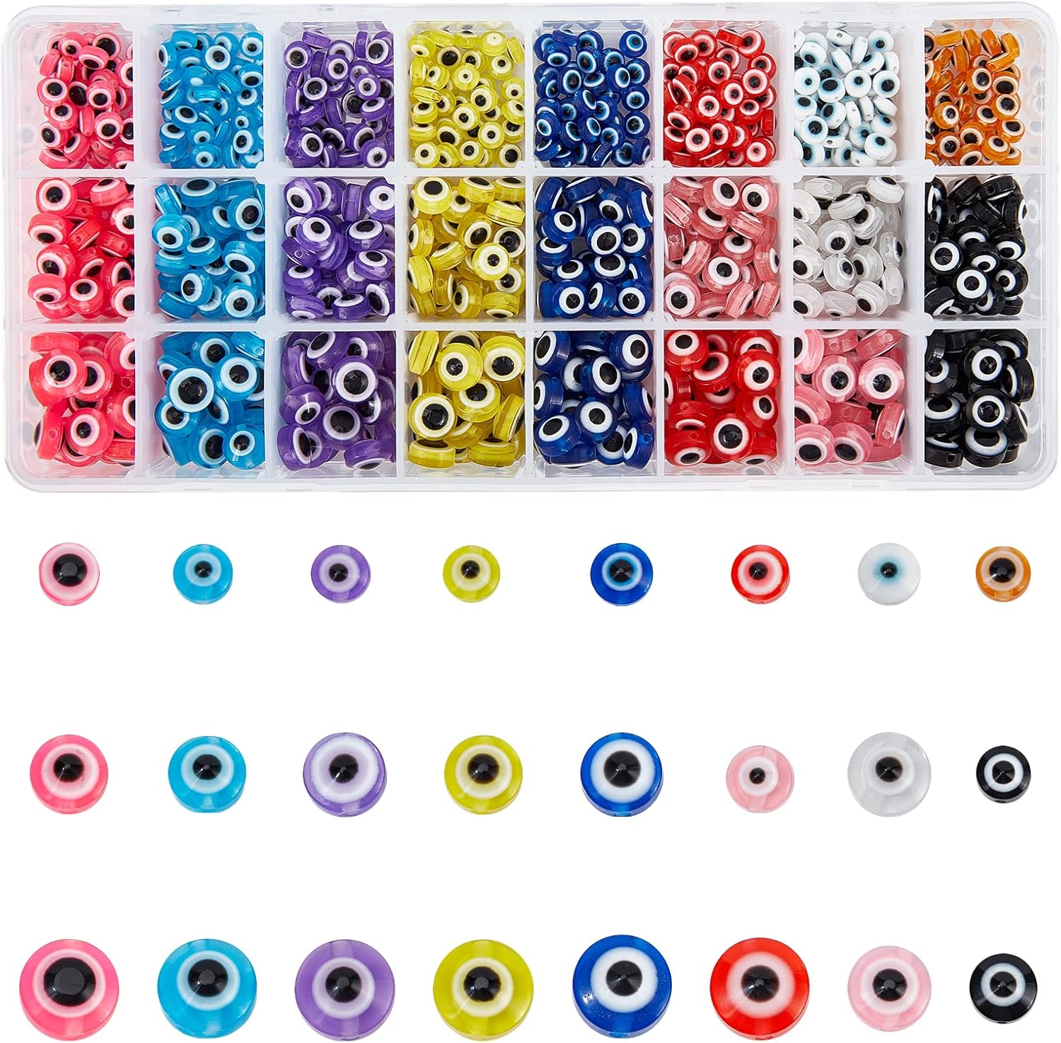 NBEADS 720 Pcs Resin Evil Eye Beads, 3 Sizes Flat Round Evil Eye Beads Colorful Resin Charms Evil Eye Loose Spacer Beads for DIY Jewelry Making