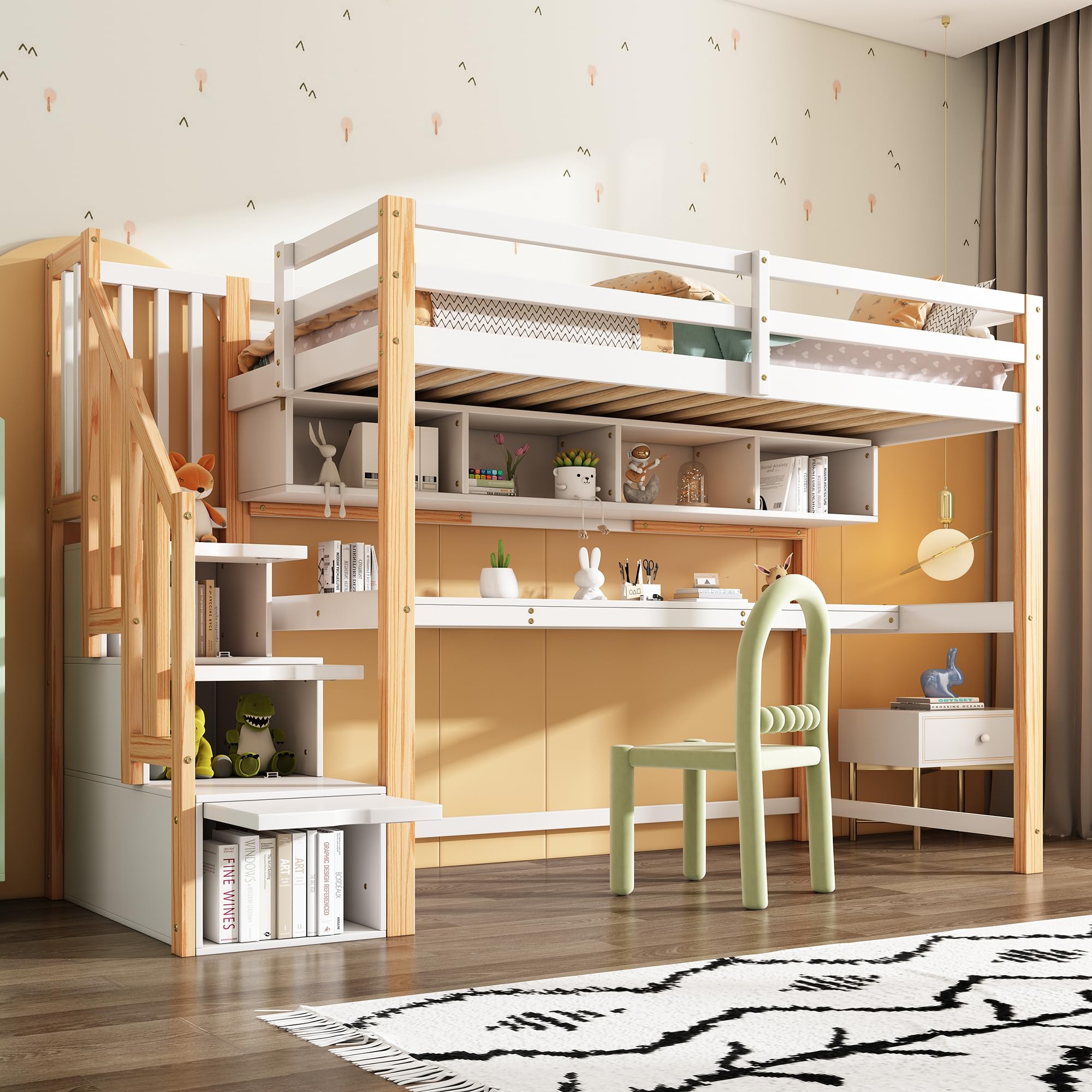 Merax Lit Mezzanine 90 x 200 cm, avec Grand Bureau et Escaliers de Rangement, Lit Enfant avec Étagères de Stockage, pour Garçon et Fille, Blanc et Bois (sans Matelas)