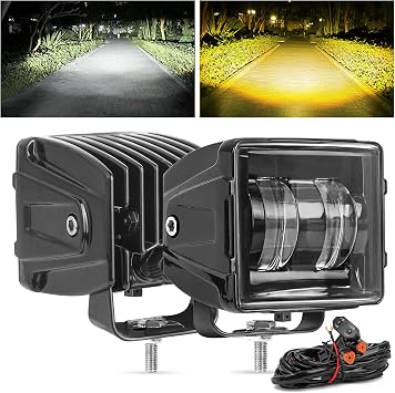 2PCS Amber & White LED Pod Lights with DT Plug Wiring Harness and 2PCS Dual Light Bar Hood Mounting Brackets Kit for 2018-2024 Jeep Wrangler JL JLU Gladiator JT