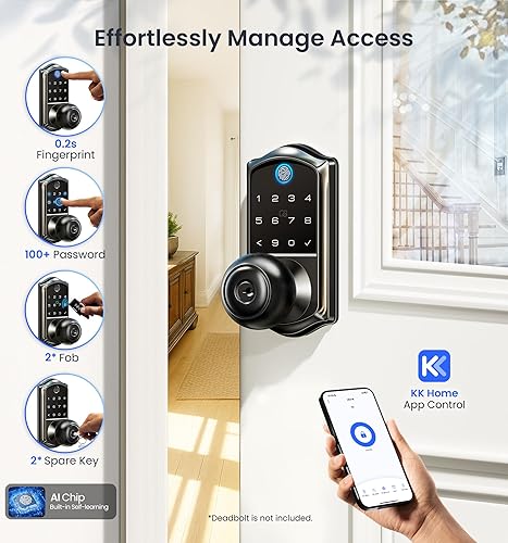 Miniatura 2 de Veise VE018 - Cerradura inteligente con manija de perilla, huella digital, control de aplicación, entrada sin llave para puerta delantera y
