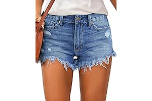 Women's Casual High Waisted Denim Shorts with Raw Hem and Ripped Details
