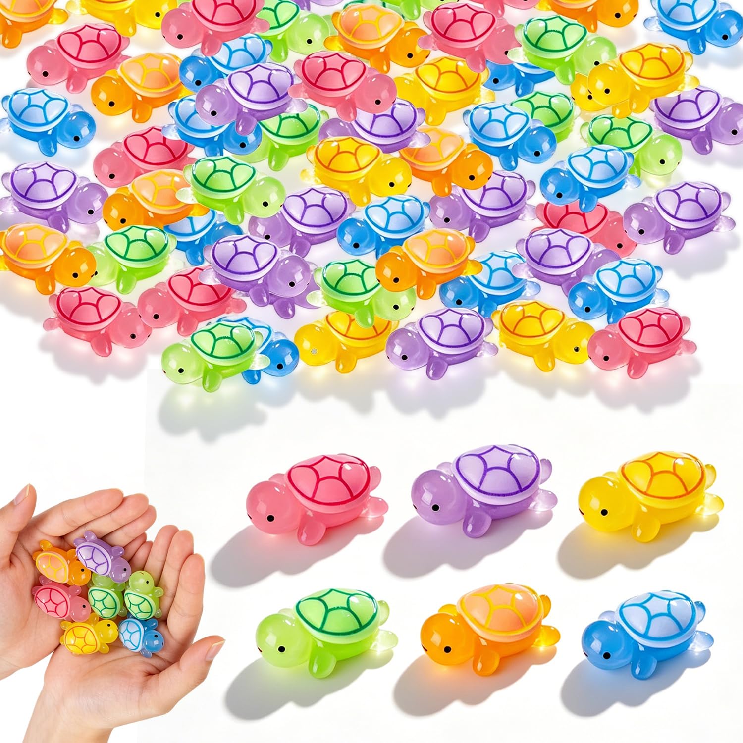RHQFDM 60 Pack Glow in the Dark Mini Resin Turtles – Adorable Miniature Animal Figures in 6 Colours, 3.2 cm Ideal for Plant Pots, Aquariums, Micro Landscapes, Craft Projects & Small Gifts