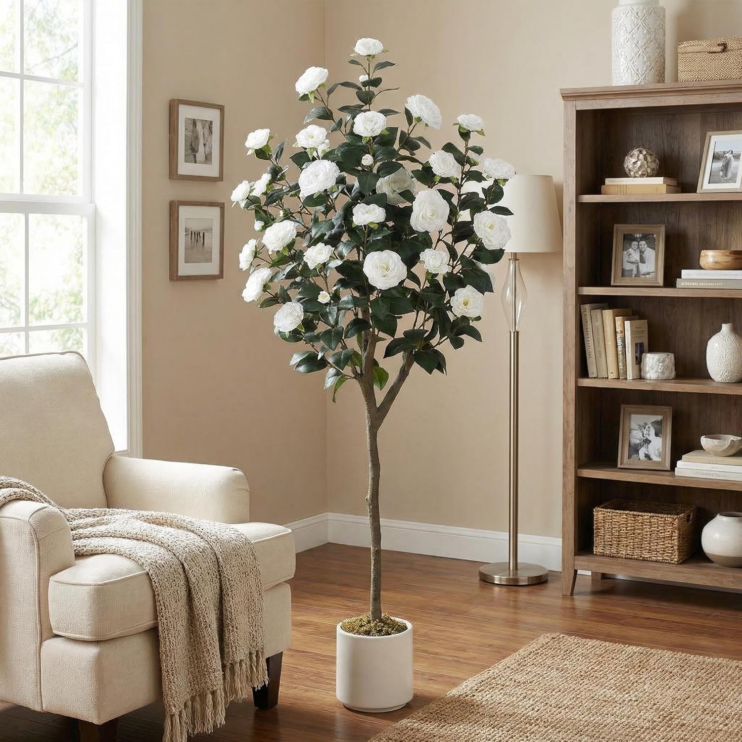 IDEALHOUSE Artificial Camellia Tree 3FT Tall in Pot, Realistic Fake Silk Flower Plant for Home Office Decor, Faux Tree for Indoor & Covered Outdoor Use, White