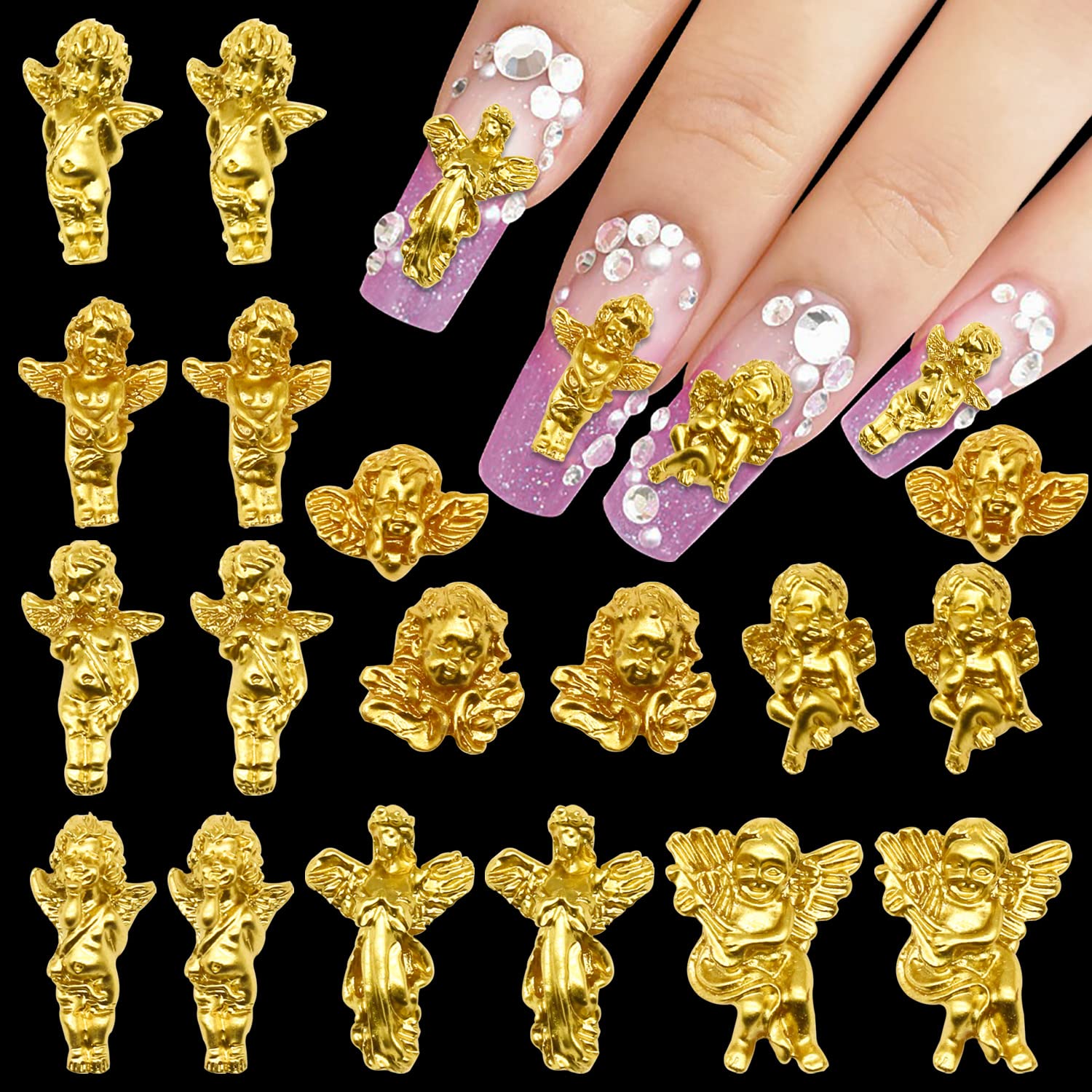 WOKOTO 90PCS Gold Embossed Angel Nail Charms for Acrylic Nails Resin Charms 3D Angel Baby Nail Art Charms Retro Baroque Cupid Designs Nail Art