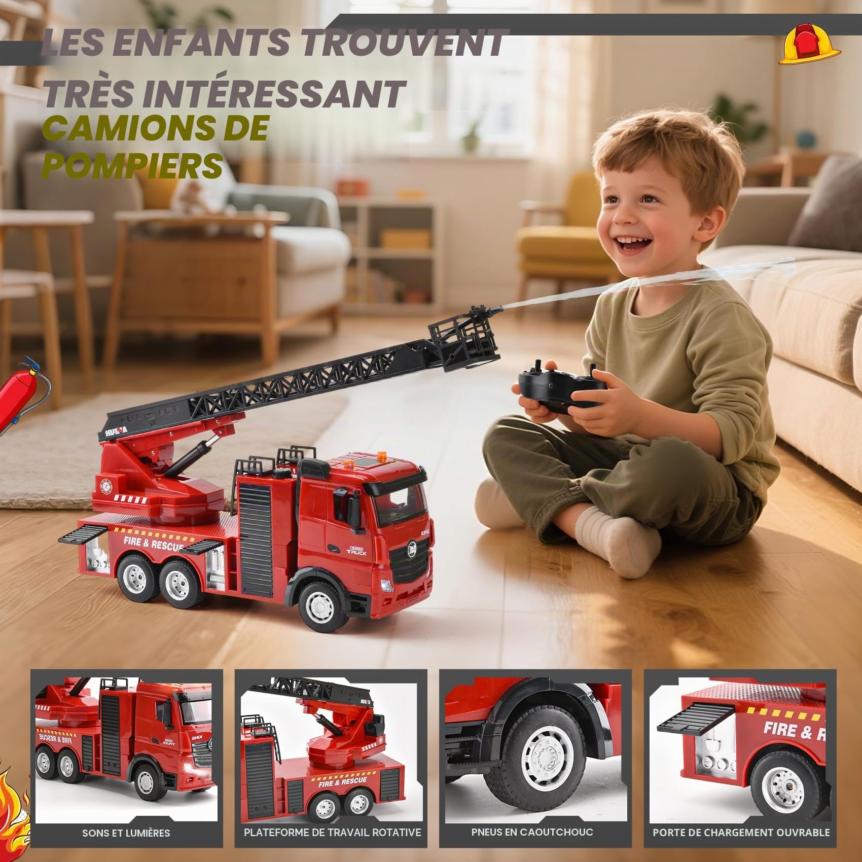 Grand Camion de Pompiers RC 1:18 | Camion de Pompiers télécommandé 2,4G avec Échelle Pivotante à 270° et Fonction Jet d'eau | Rechargeable 7,4V, Lumières & Sons | Jouet Pompier dès 3 Ans