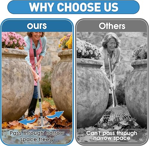 Miniatura 5 de Rastrillo de jardín para hojas, rastrillo de hojas ajustable de metal para césped, longitud de 37 a 53 pulgadas, cabeza ajustable expandible de 8 a