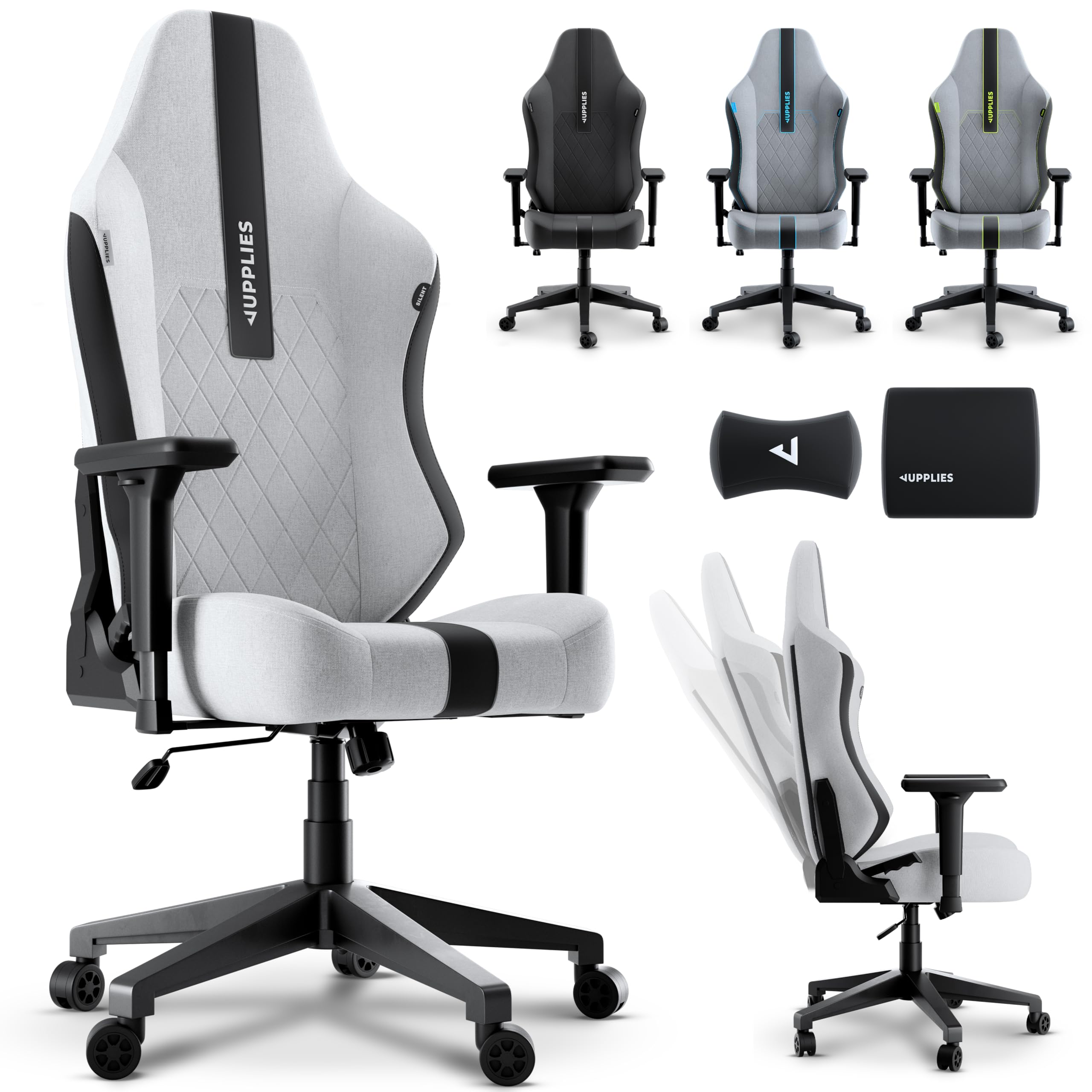 JUPPLIES Silla Gaming Premium Ergonómica – Sillas Gamer con Lino Transpirable, Reclinable 160°, Cojín Viscoelástico, Reposabrazos 4D y Base Hierro Reforzada (Blanca)