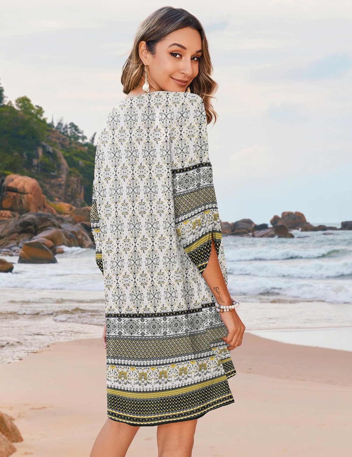 Zeagoo Womens Boho Dresses Casual Beach Summer Dress Tassel Tie Neck 3/4 Long Sleeve Mini Sundress 2026 Floral Print Cover Up - Image 3