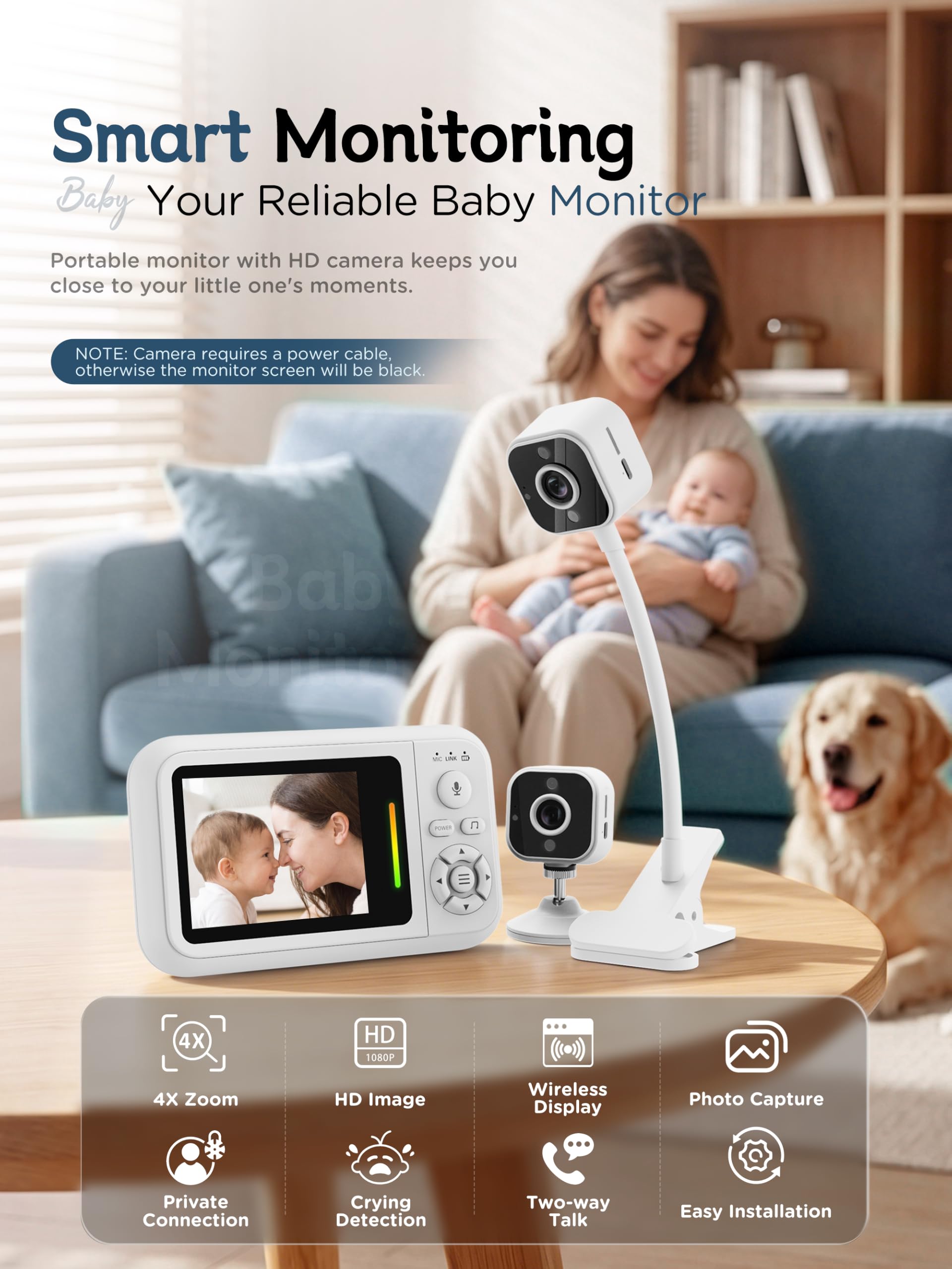 Moniteur bébé avec caméra et vision nocturne, sans WiFi, avec clip de lit et support