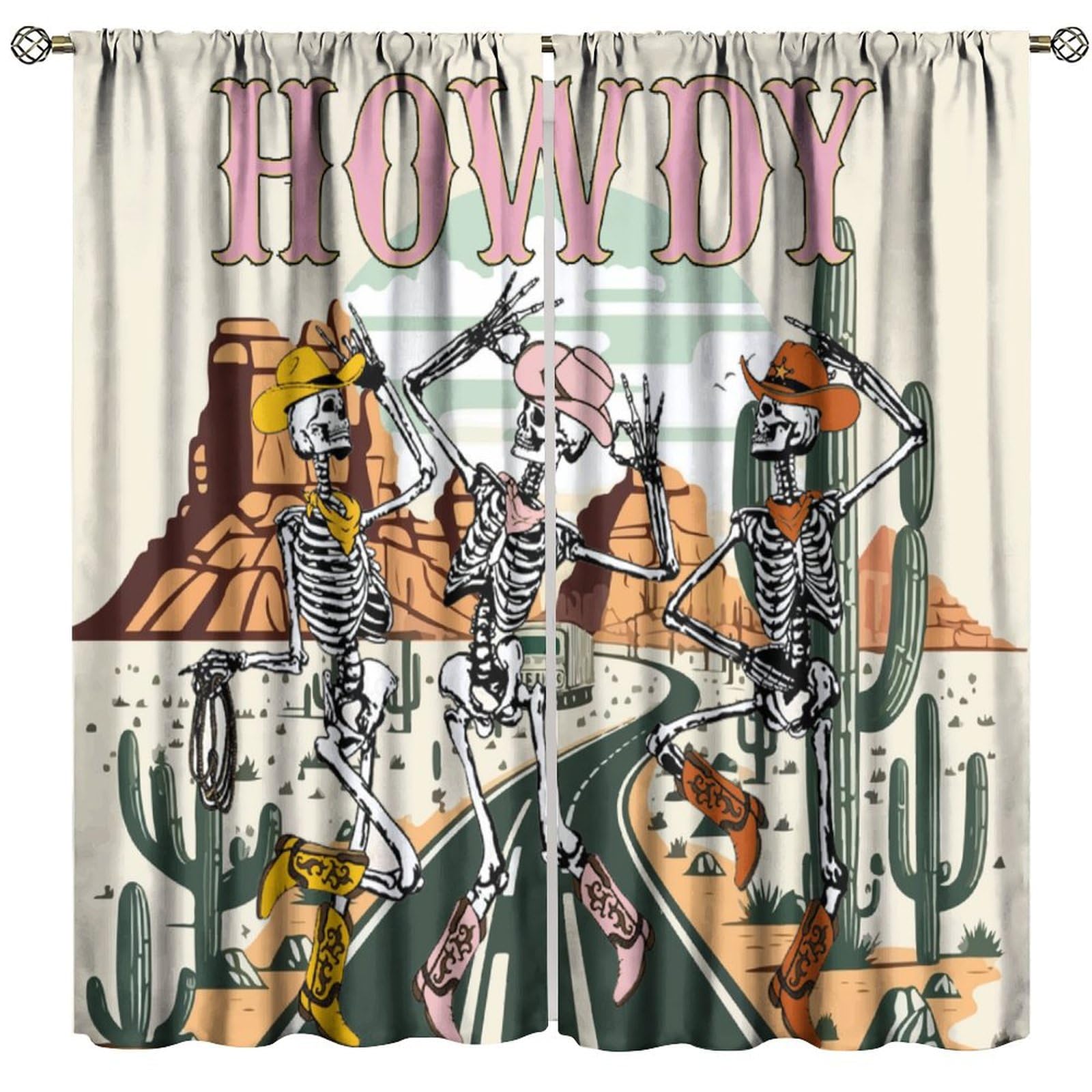 BenYaSong Funny Skull Blackout Curtain Western Cowboy Retro Gothic Curtain Skeleton Dancing West Desert Cactus Sunset for Home Kitchen Restaurant
