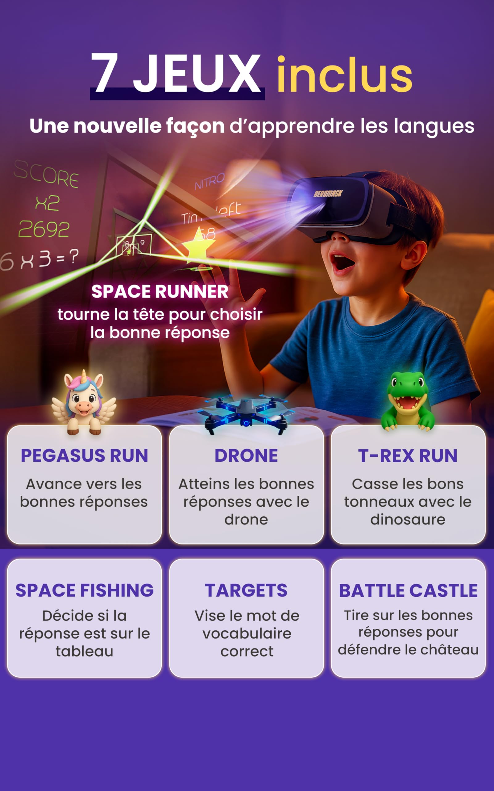 Heromask Pack Langues + Mathématiques – Jeu Éducatif VR 2 en 1 | Apprendre Les Langues et Les Maths en S’Amusant | Cadeau Original pour Enfants 5–12 Ans, Compatible iOS & Android