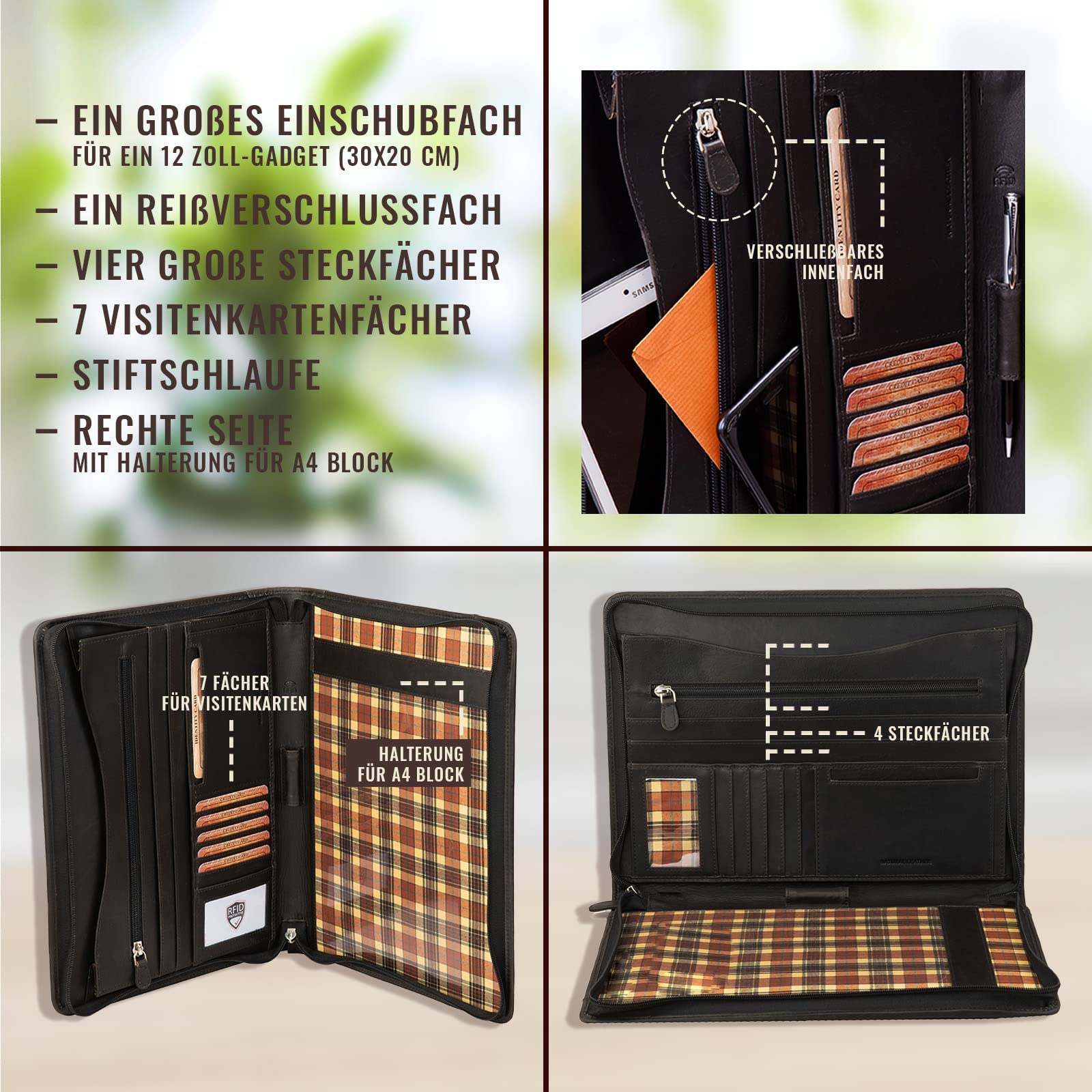 Corno d´Oro Schreibmappe A4 12 Zoll Fach für iPad Tablet I RFID Konferenzmappe Leder mit Reißverschluss I Business Aktenmappe Damen Herren schwarz
