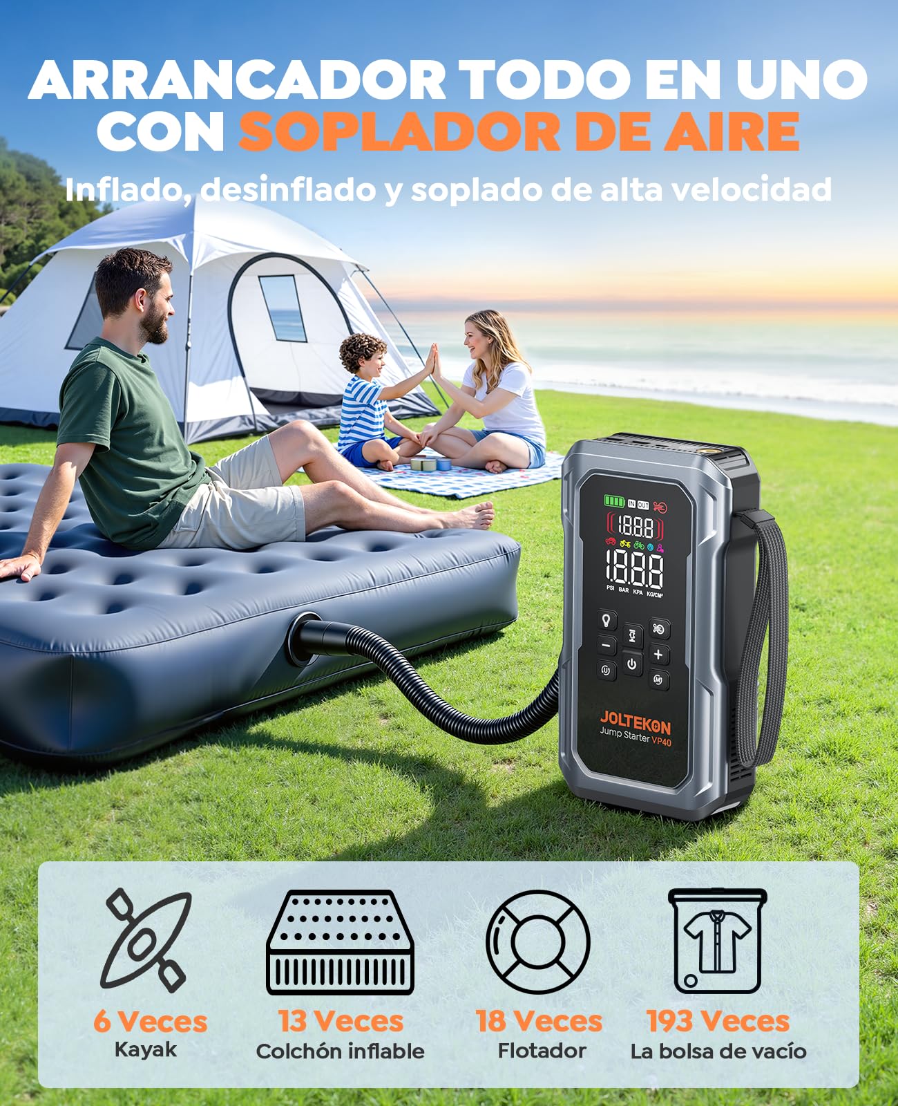 Arrancador de Baterías de Coche con Compresor de Aire y Soplador, 7000A Joltekon 12V Arrancador de Coche Portatil (Todo Gas/12,0L Diesel) con 160PSI Inflador, Soplador de Inflado/Desinflado y Linterna