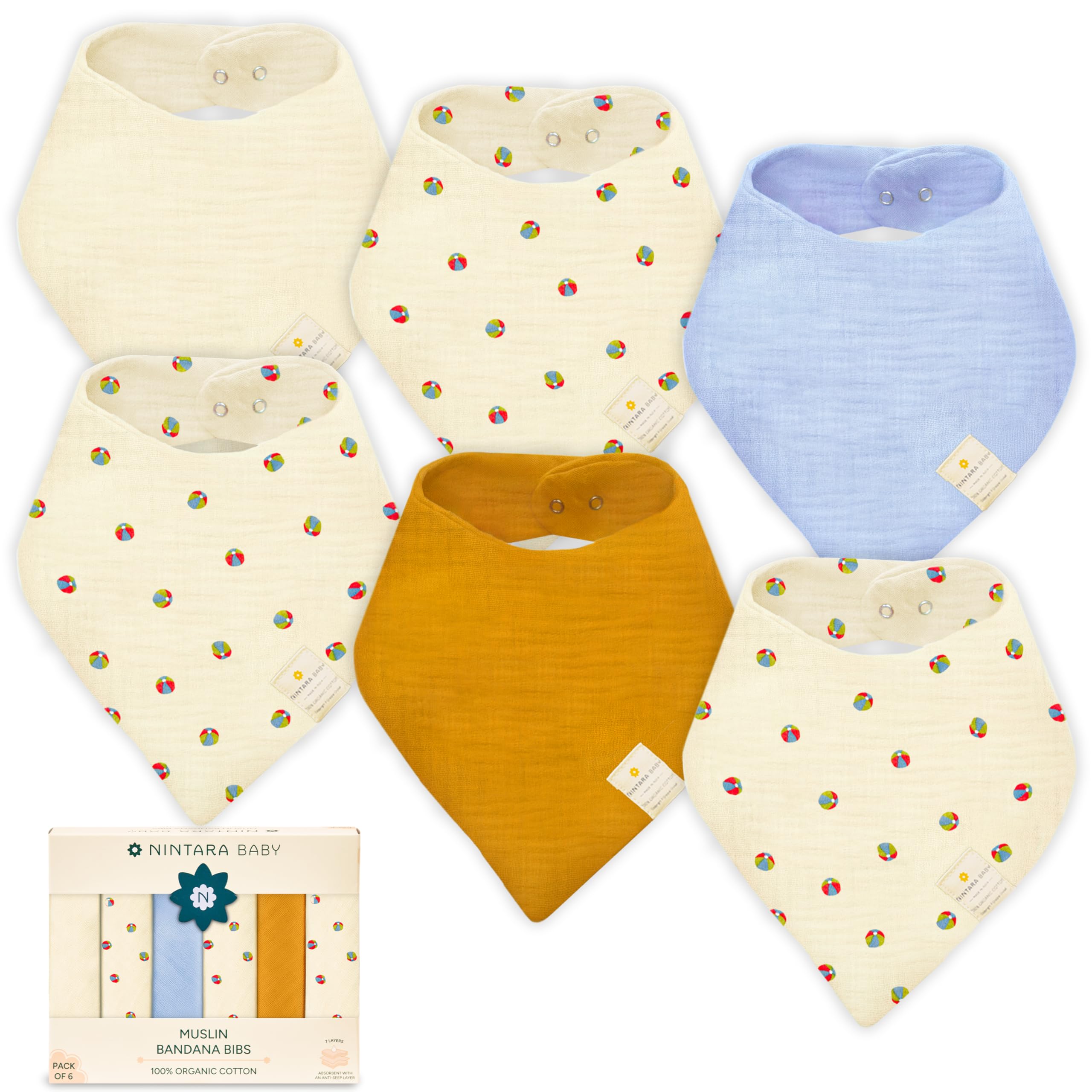 Bandana Bibs - 100% Organic Premium Muslin Cotton, Absorbent, Soft, Adjustable Snap Buttons, Reversible, 7-Layers for Drooling, Teething, Feeding, Gifts for Babies Ages 0-3, Pack of 6-image-25