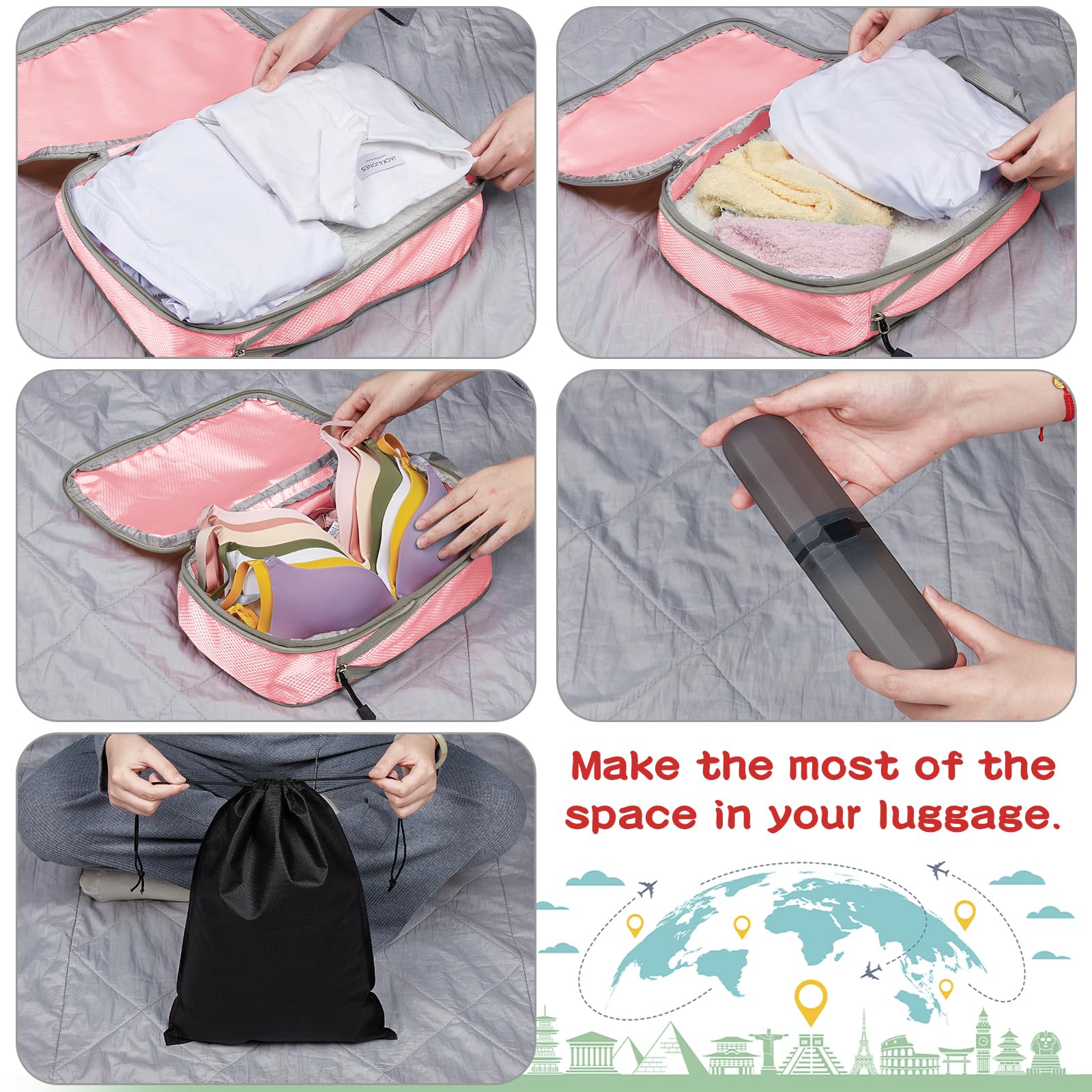 Eucomir Organizer Valigia Set di 9 Cubi da Viaggio,Sacchetti di Organizzatore Estensibile per Organizer Valigia Salvaspazio,Organizer Valigie Viaggio Set,per Viaggi o Deposito per la Casa,Rosa