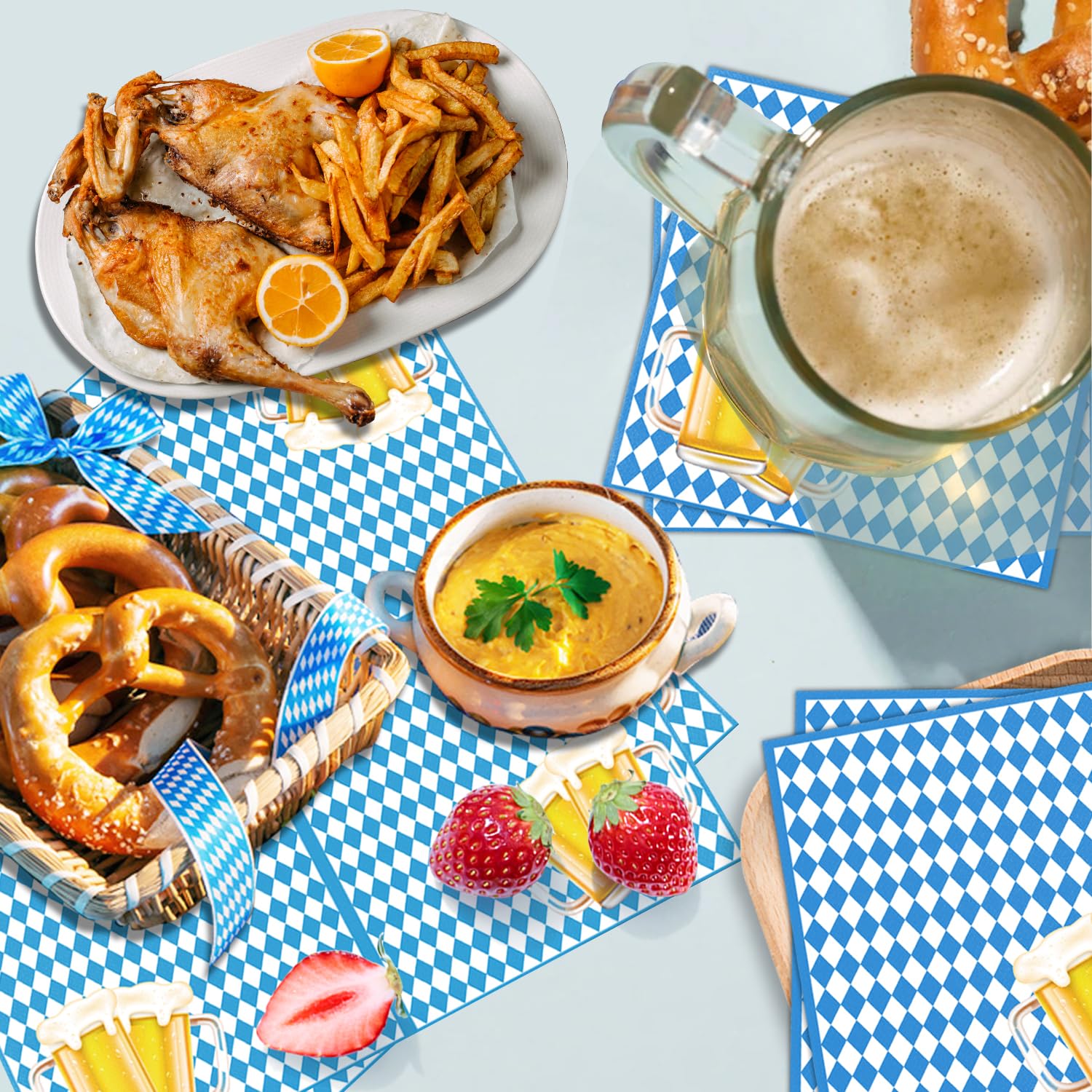100 Stück Oktoberfest Servietten, Blau-weiß Kariert Mit Bierglas-Motiv – 4-lagig, Perfekt Für Wiesn-Partys