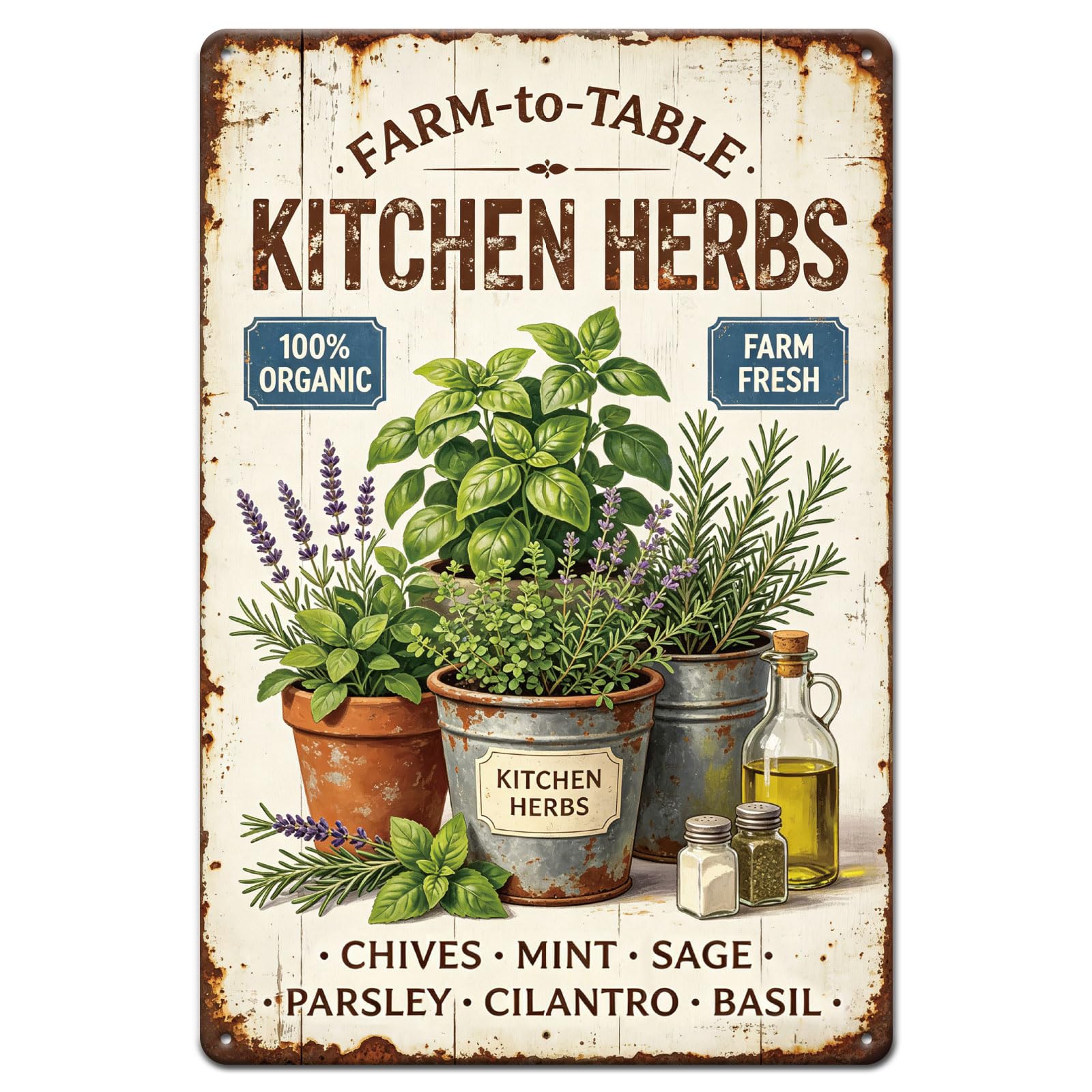 GLOBLELAND Vintage Kitchen Herbs Metal Tin Sign 12x8 inch Funny Farm to Table Tin Signs Retro Chives Mint Sage Wall Poster Plaque for Home Kitchen Garden Coffee Cafe Pub Restaurant Man Cave Decor