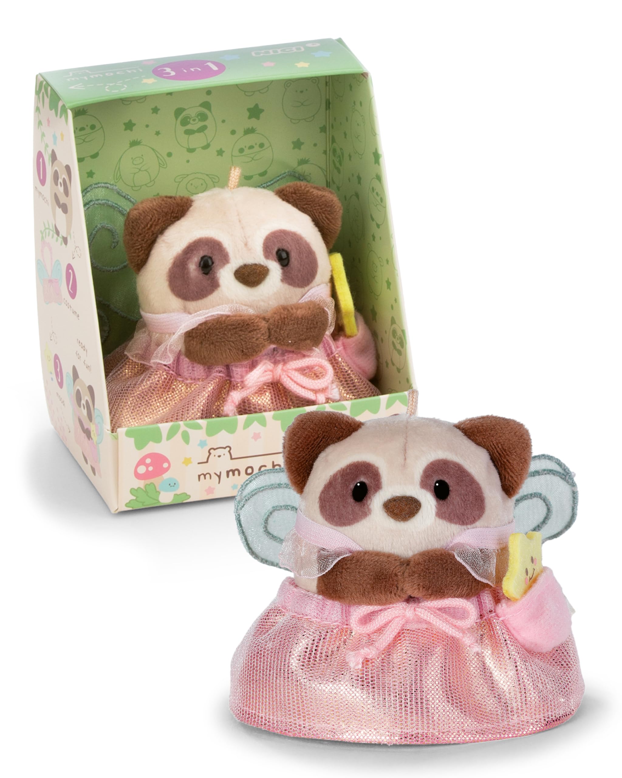NICI Set Kuscheltier Waschbär Rakuma 8cm mit Zauberstab & Feenkostüm in Geschenkbox 8,5x6,5x10cm – beige – Weiches mymochi Plüschtier, niedliches Kawaii Stofftier zum Kuscheln & Spielen – 62583