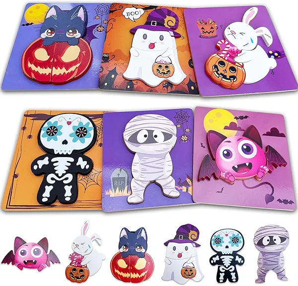 Halloween Puzzle Toys 6 Pack Wooden Puzzles for Toddlers Montessori Toy for 1 2 3 4 Year Old Boys Girls Toddler Gifts Halloween Treat Bags Gifts