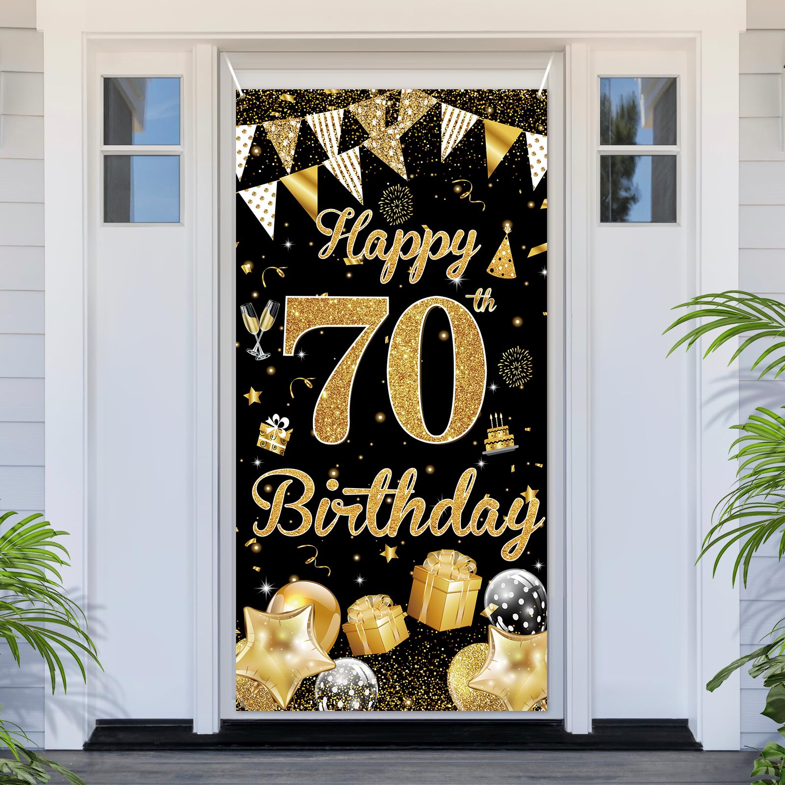 PartyYaa 70th Birthday Banner, Happy 70th Birthday Door Cover Decorations, Extra Large Black Gold Party Banner Photo Booth Decor Sign Poster for Indoor Outdoor